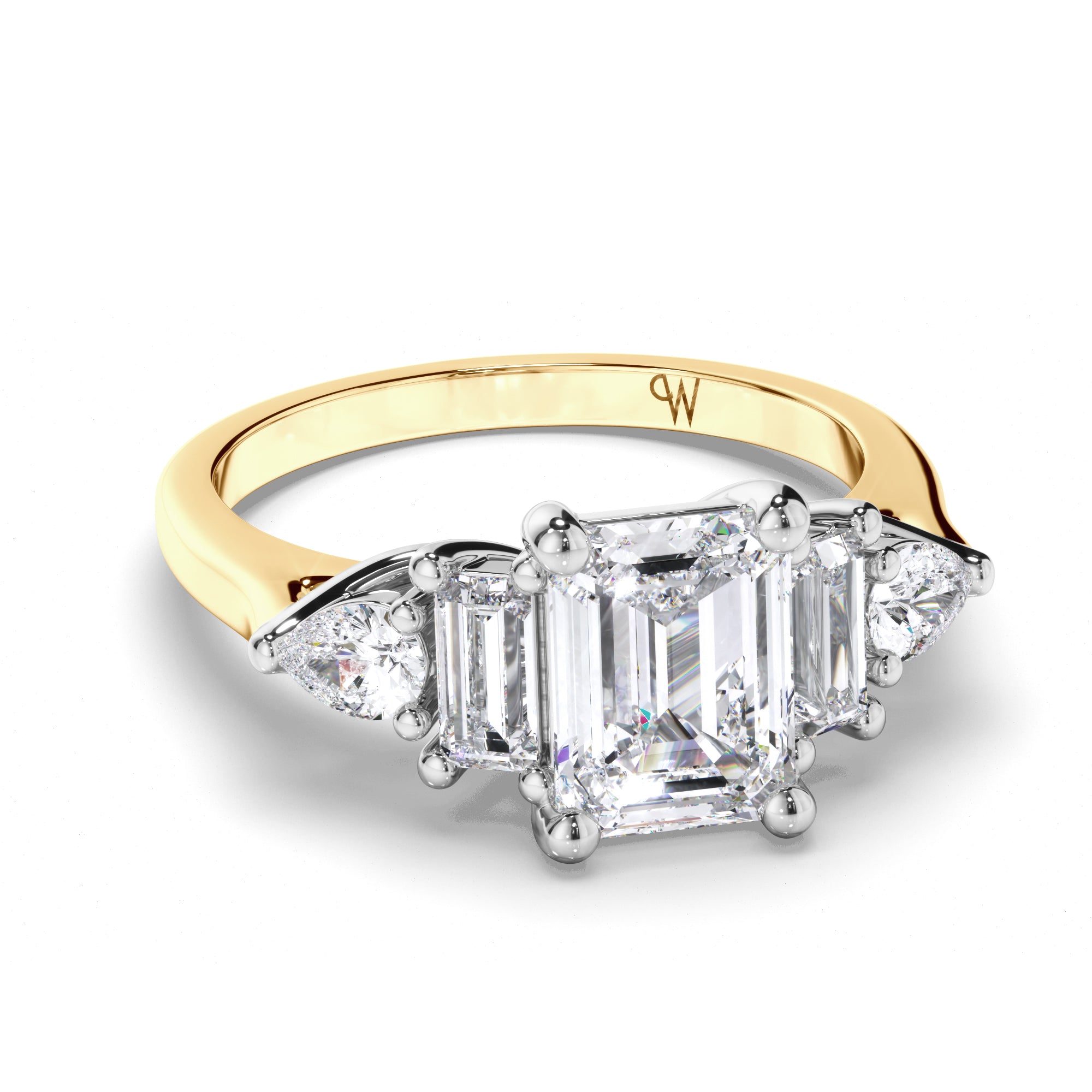 Emerald Cut Diamond Engagement Ring with Baguette and Pear Shape Sides