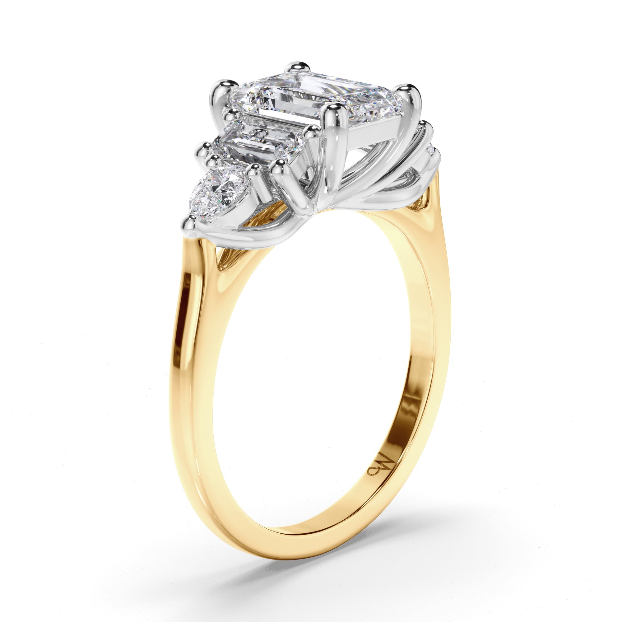 Emerald Cut Diamond Engagement Ring with Baguette and Pear Shape Sides