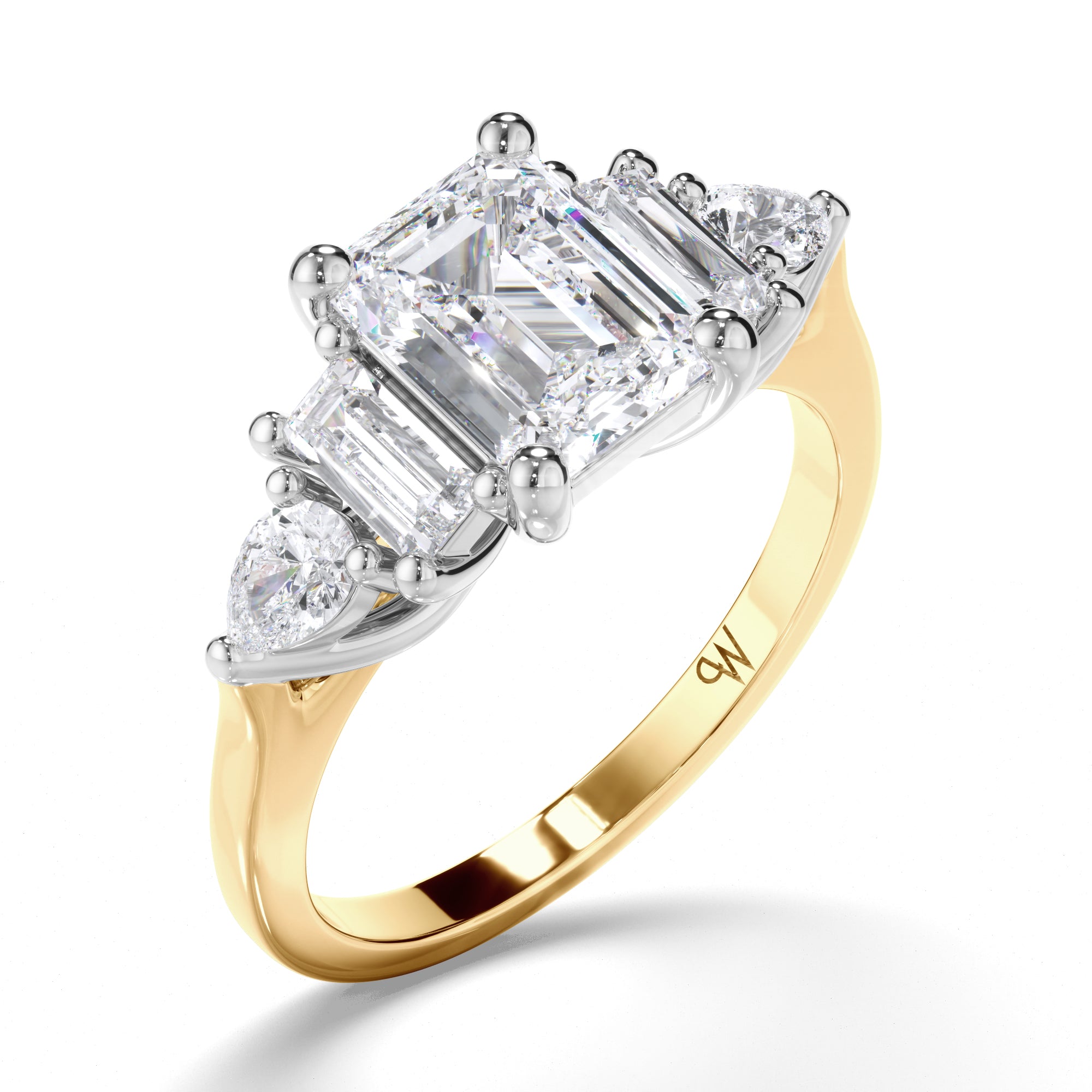 Emerald Cut Diamond Engagement Ring with Baguette and Pear Shape Sides