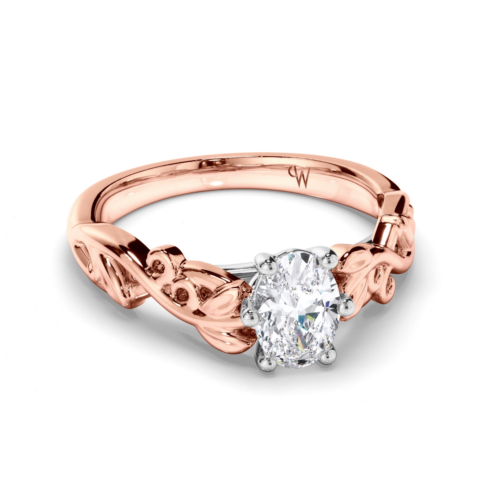 Oval Diamond Solitaire Engagement Ring with a Woven Vine Detail Band