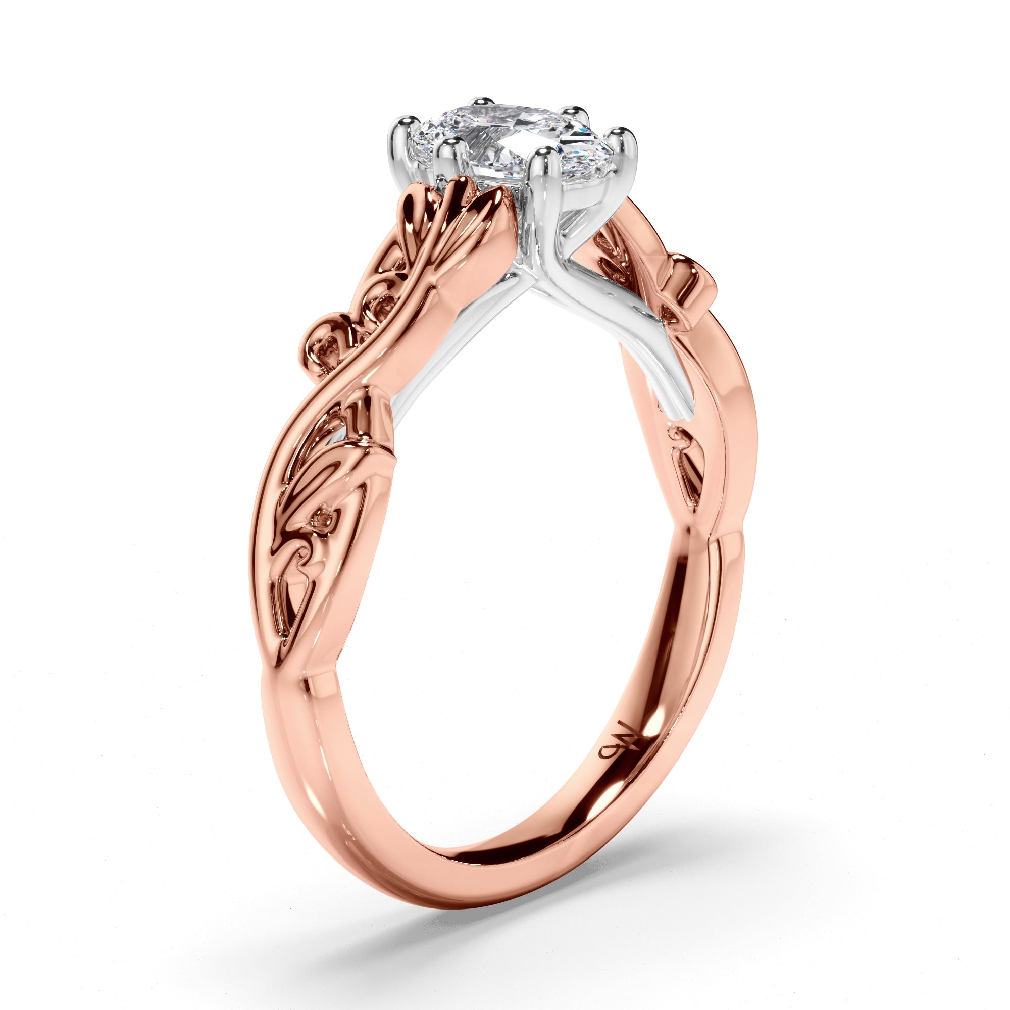Oval Diamond Solitaire Engagement Ring with a Woven Vine Detail Band
