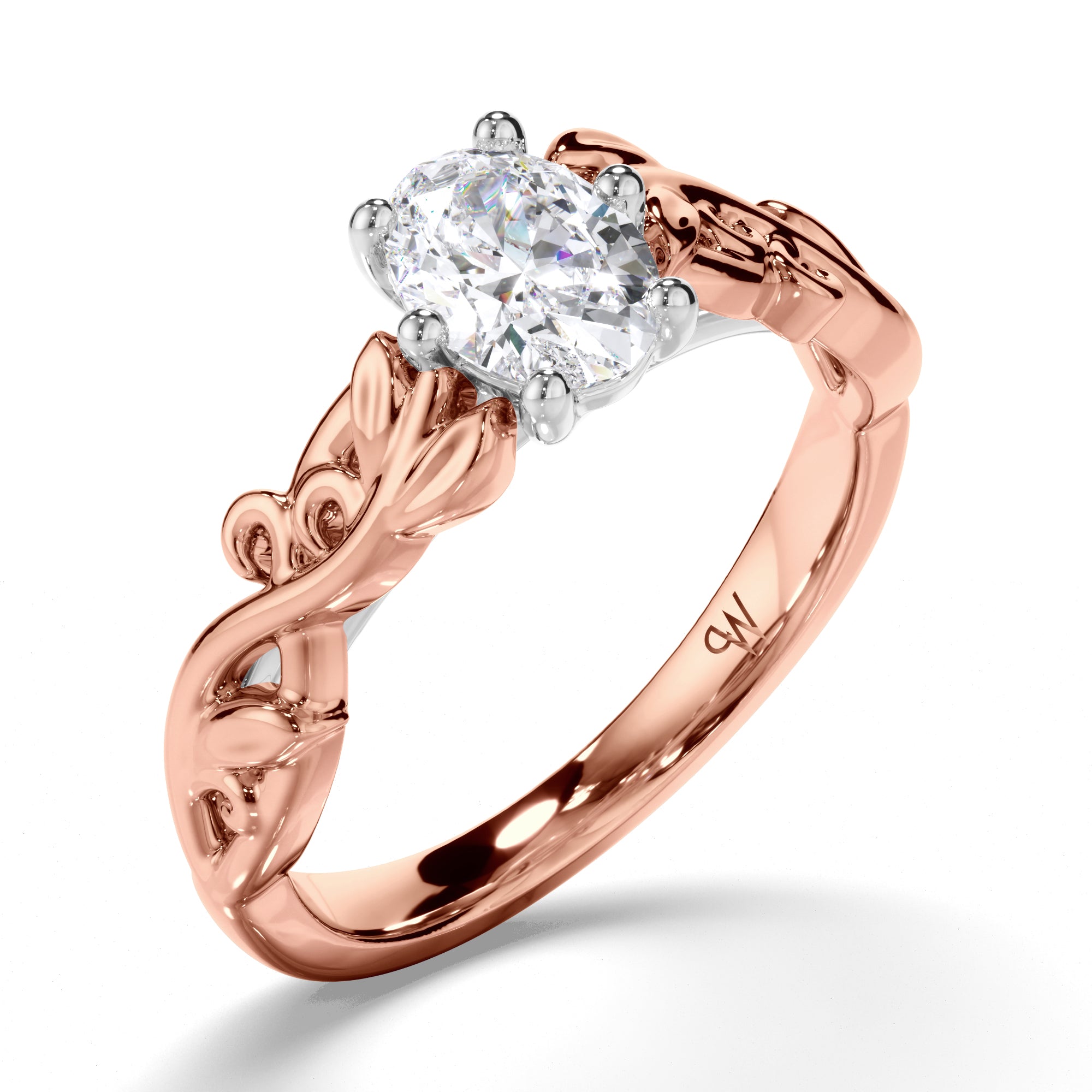 Oval Diamond Solitaire Engagement Ring with a Woven Vine Detail Band