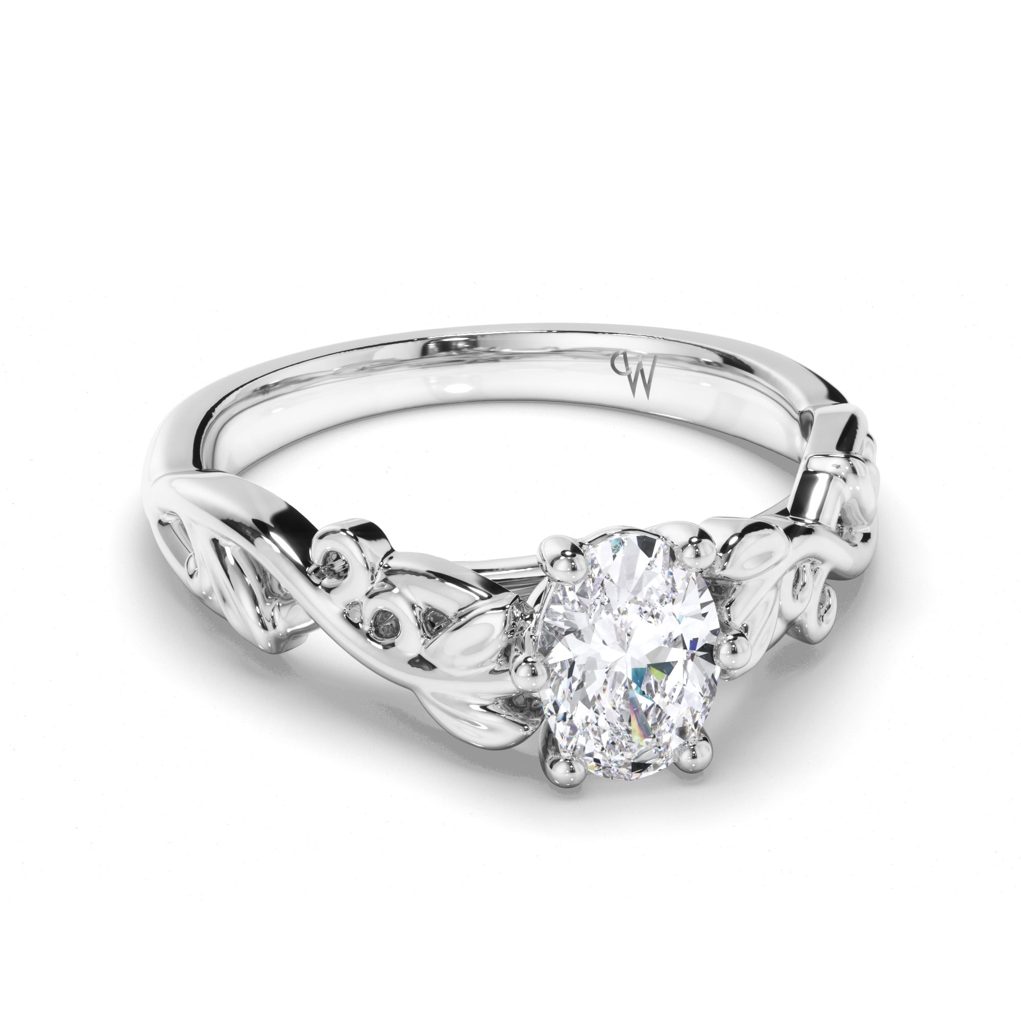Oval Diamond Solitaire Engagement Ring with a Woven Vine Detail Band