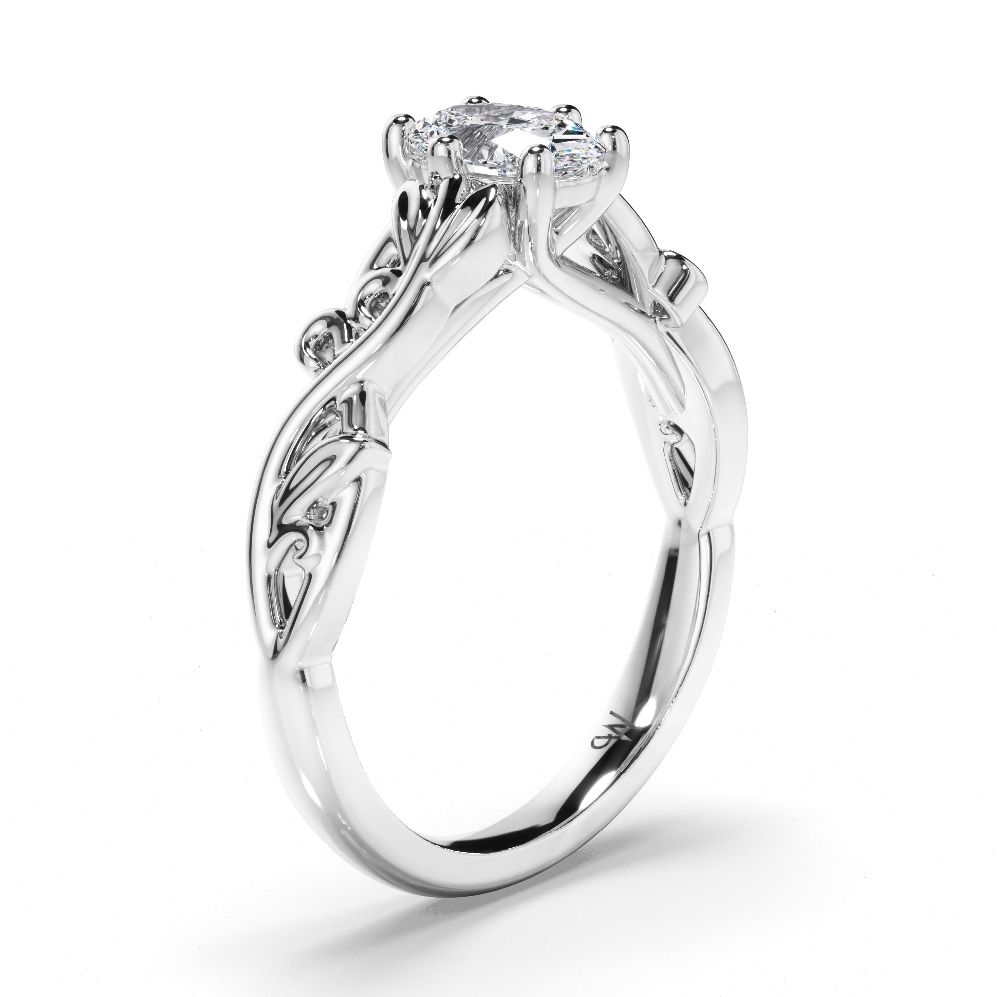 Oval Diamond Solitaire Engagement Ring with a Woven Vine Detail Band