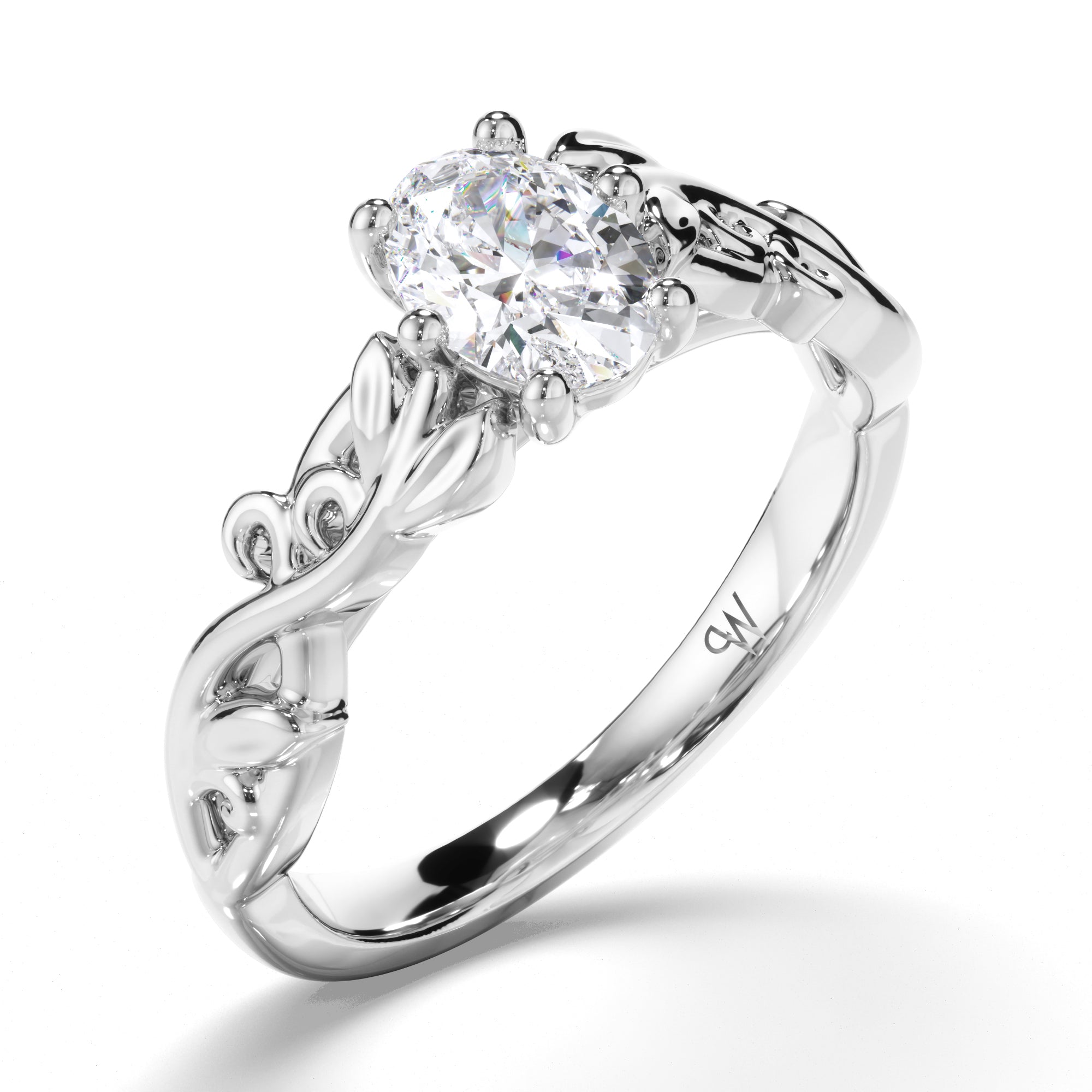 Oval Diamond Solitaire Engagement Ring with a Woven Vine Detail Band