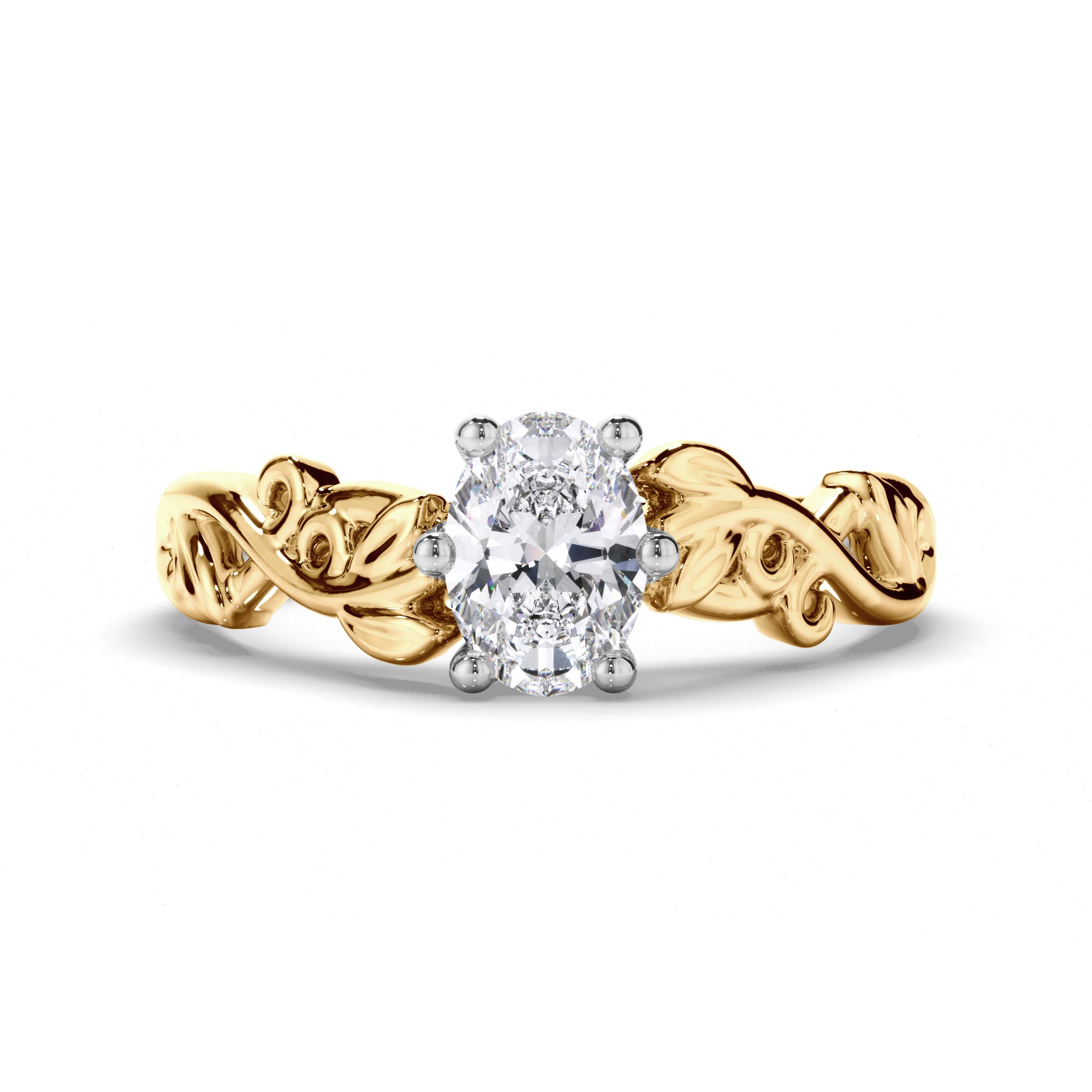 Oval Diamond Solitaire Engagement Ring with a Woven Vine Detail Band