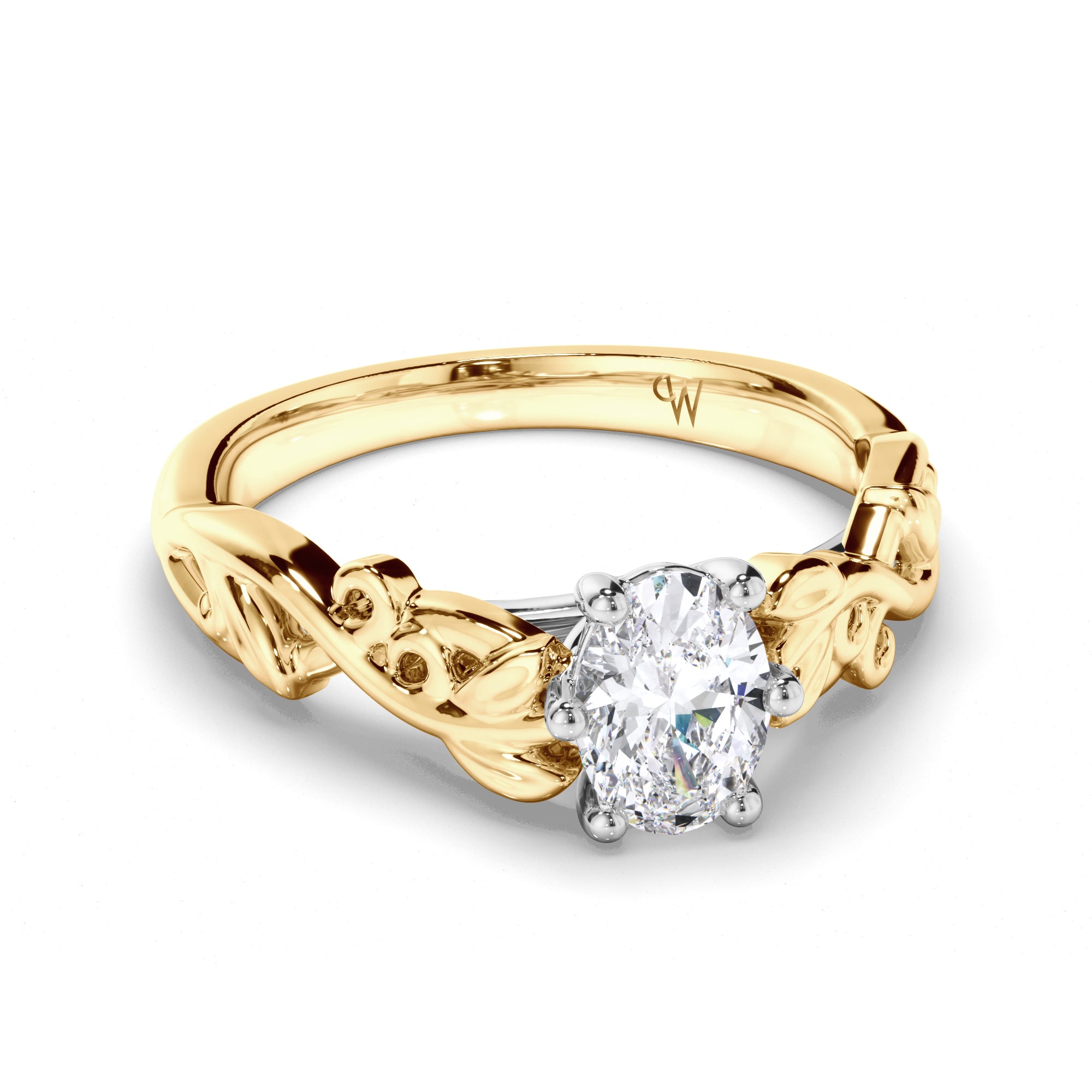 Oval Diamond Solitaire Engagement Ring with a Woven Vine Detail Band