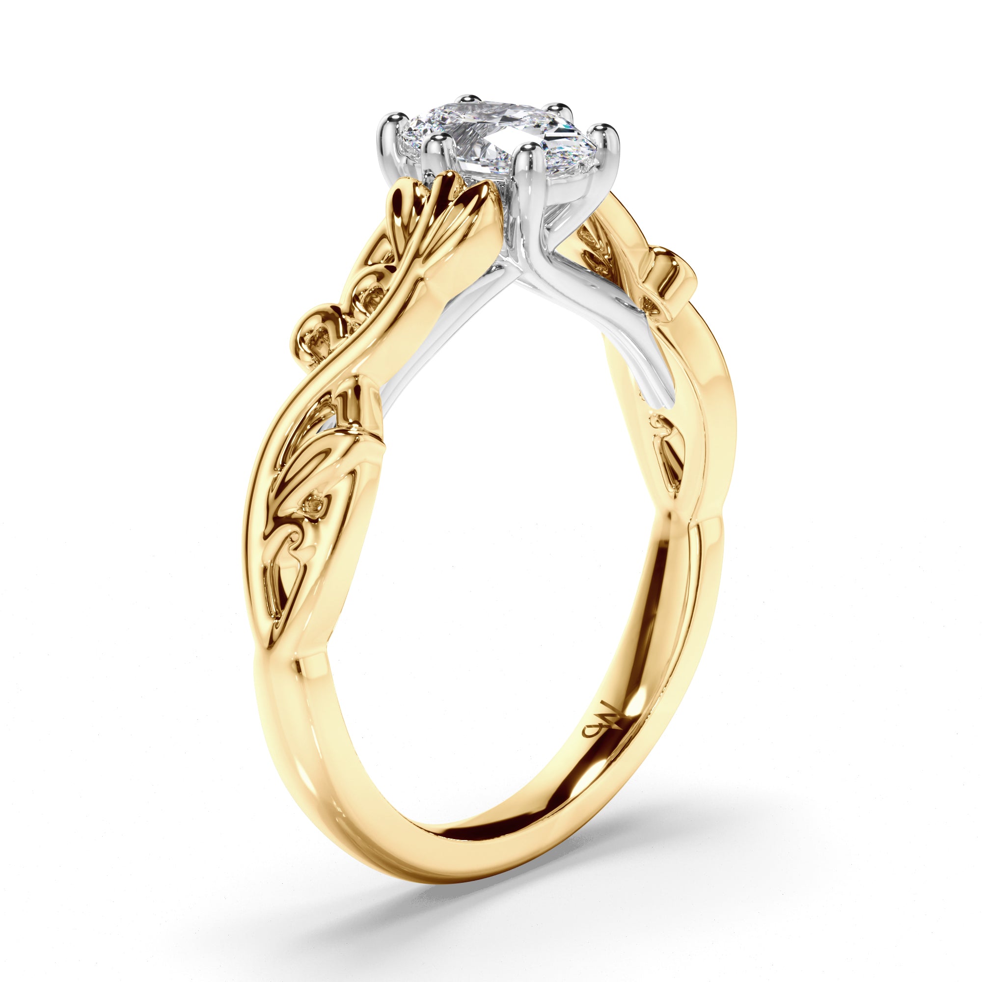 Oval Diamond Solitaire Engagement Ring with a Woven Vine Detail Band