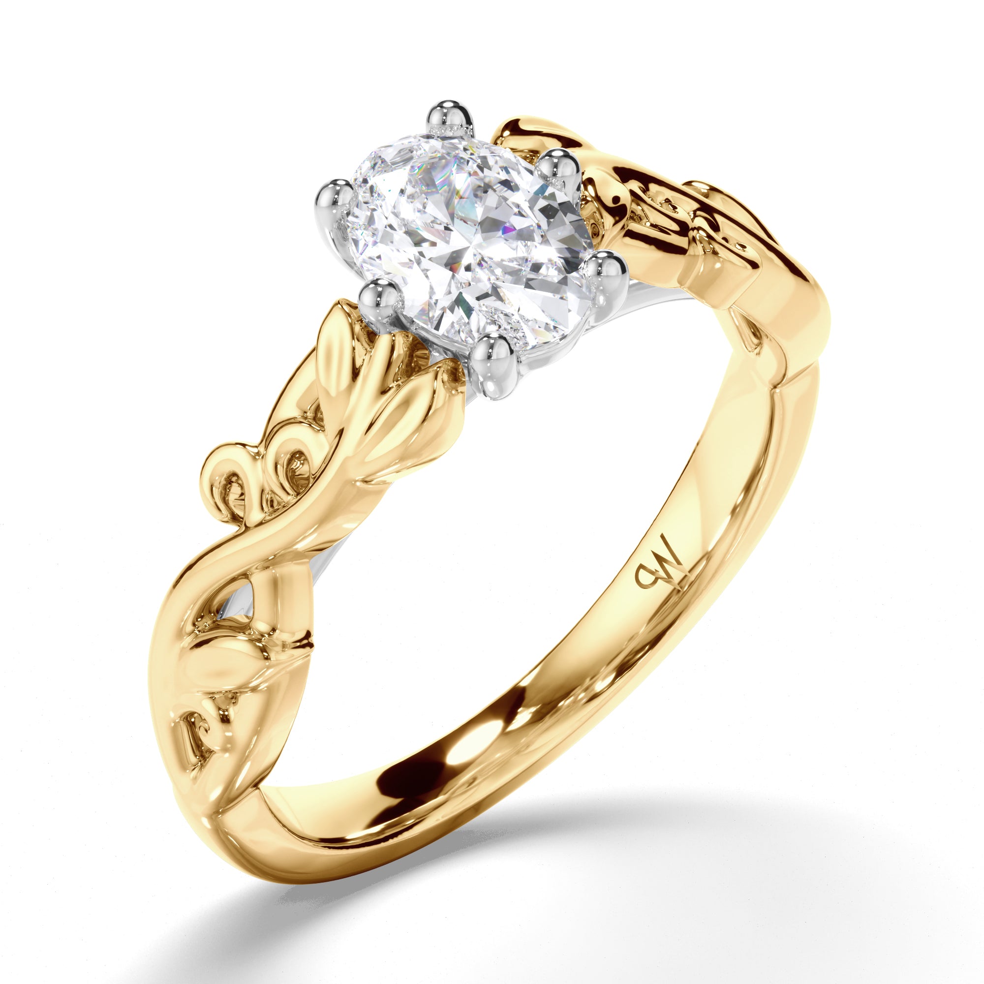 Oval Diamond Solitaire Engagement Ring with a Woven Vine Detail Band