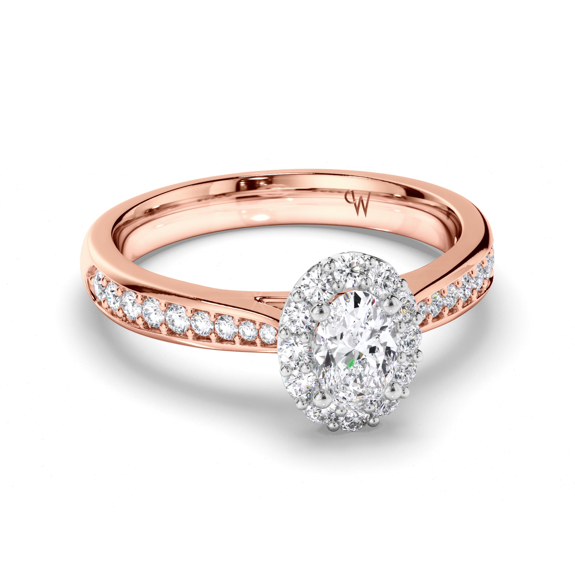 Oval Diamond Engagement Ring with Halo and Bead Set Band