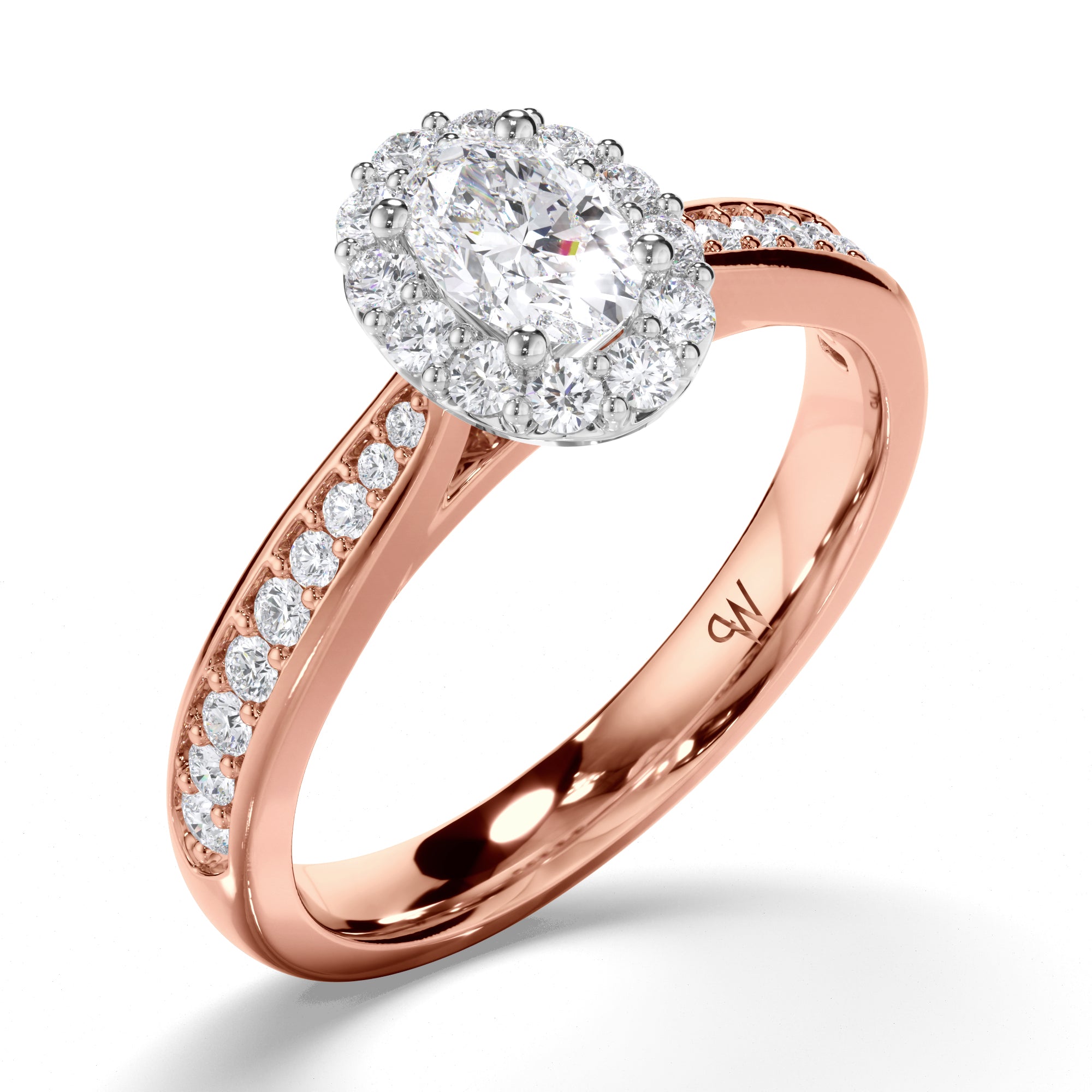 Oval Diamond Engagement Ring with Halo and Bead Set Band