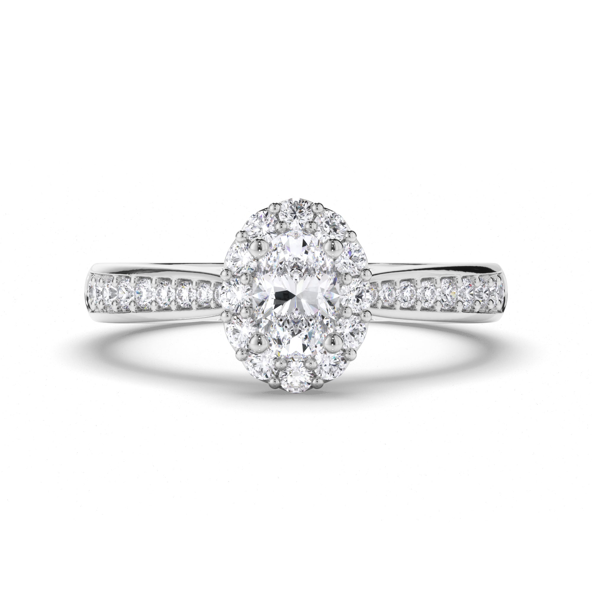 Oval Diamond Engagement Ring with Halo and Bead Set Band