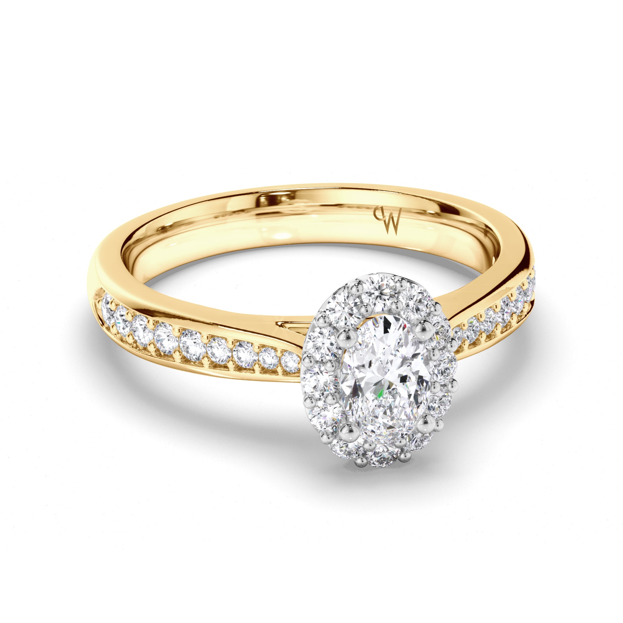 Oval Diamond Engagement Ring with Halo and Bead Set Band