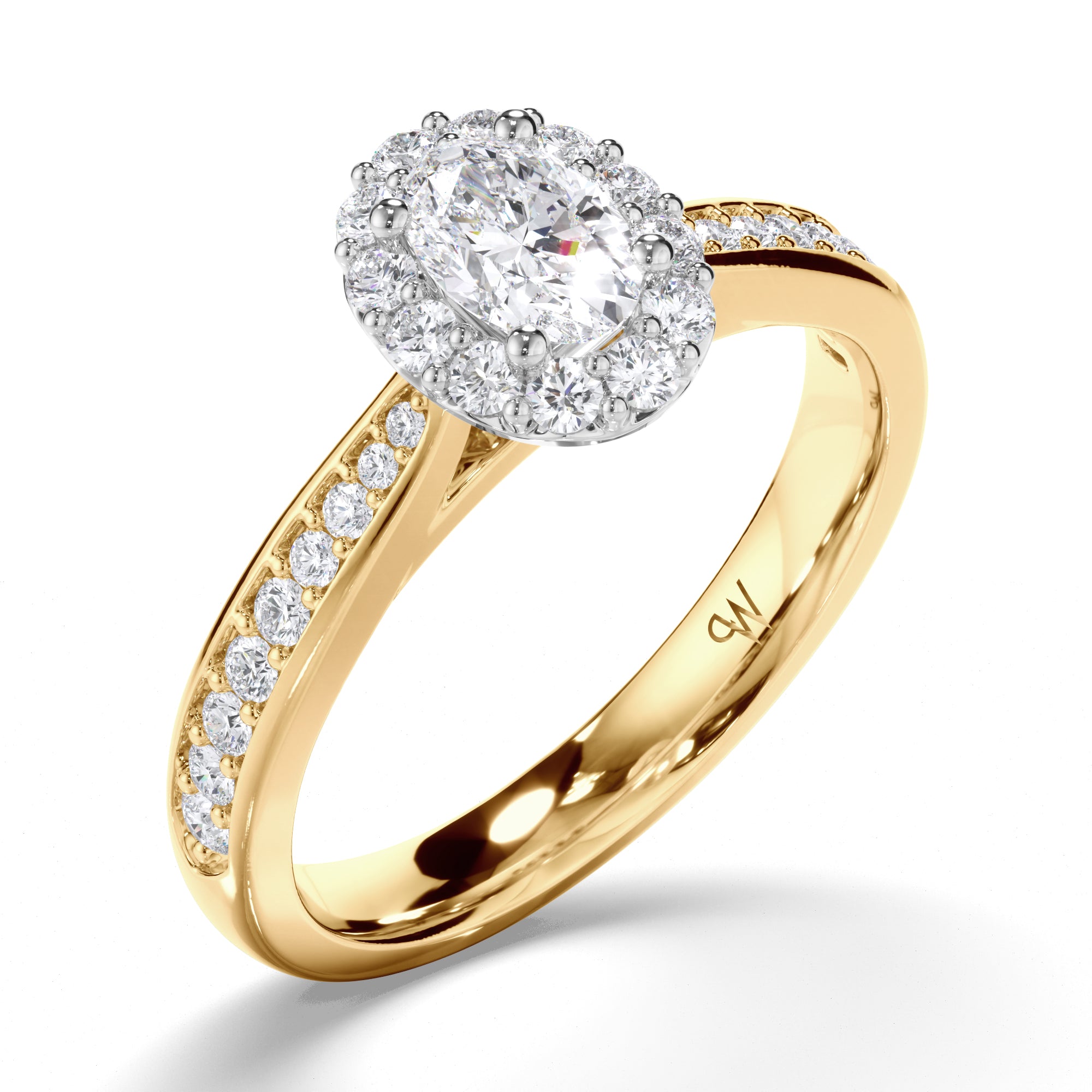 Oval Diamond Engagement Ring with Halo and Bead Set Band