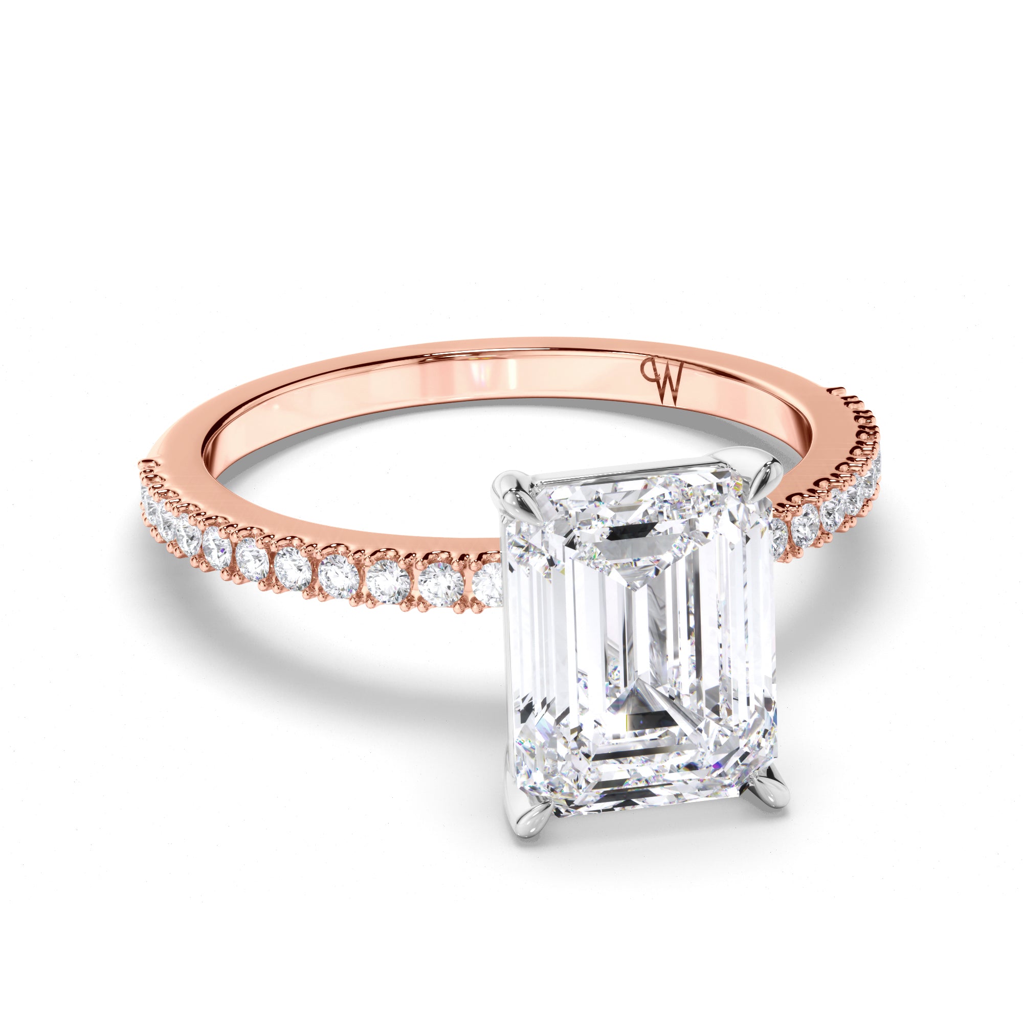 Emerald Cut Diamond Engagement Ring with Cut Claw Diamond Band
