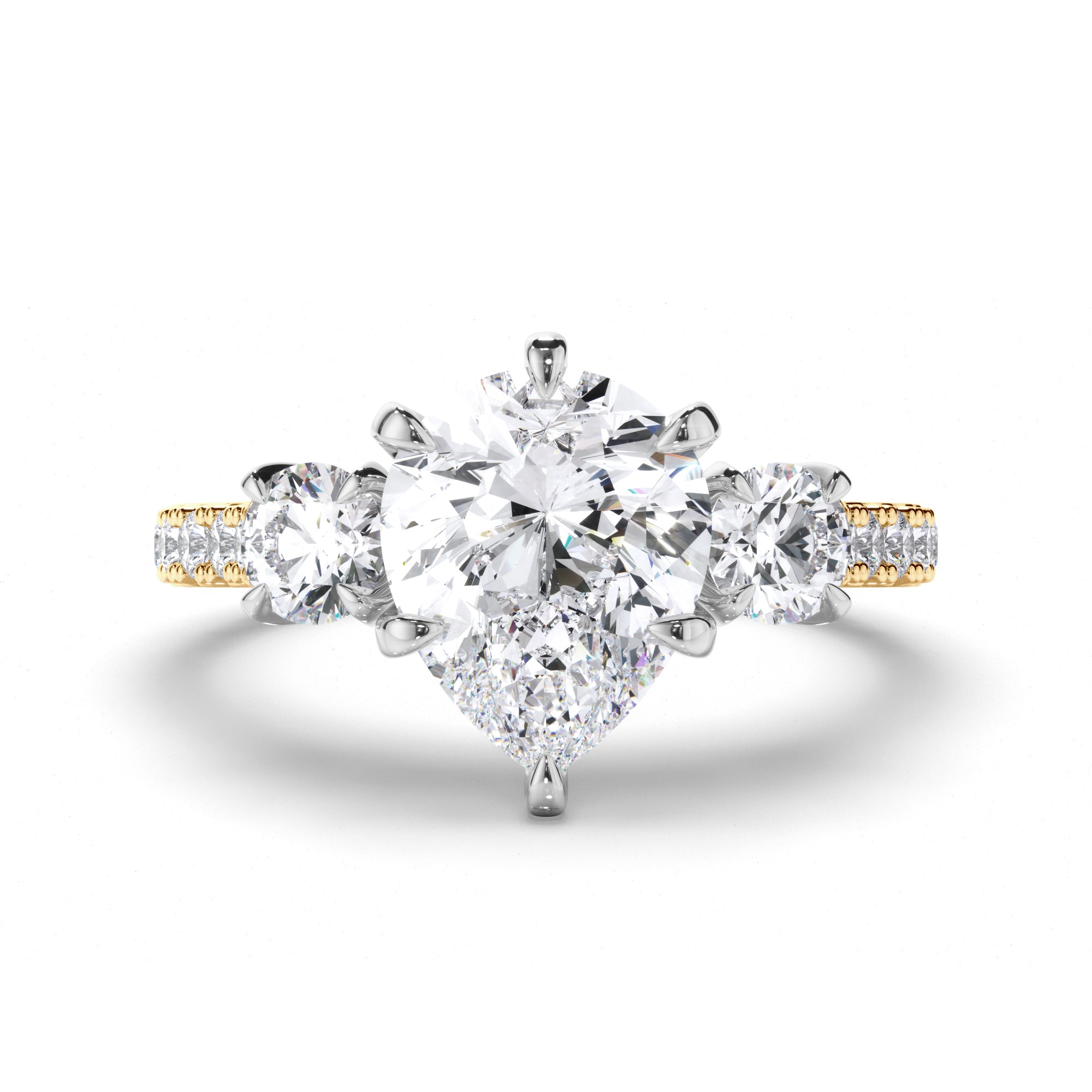 Pear Diamond Trilogy Engagement Ring with Round sides and Cut Claw Band