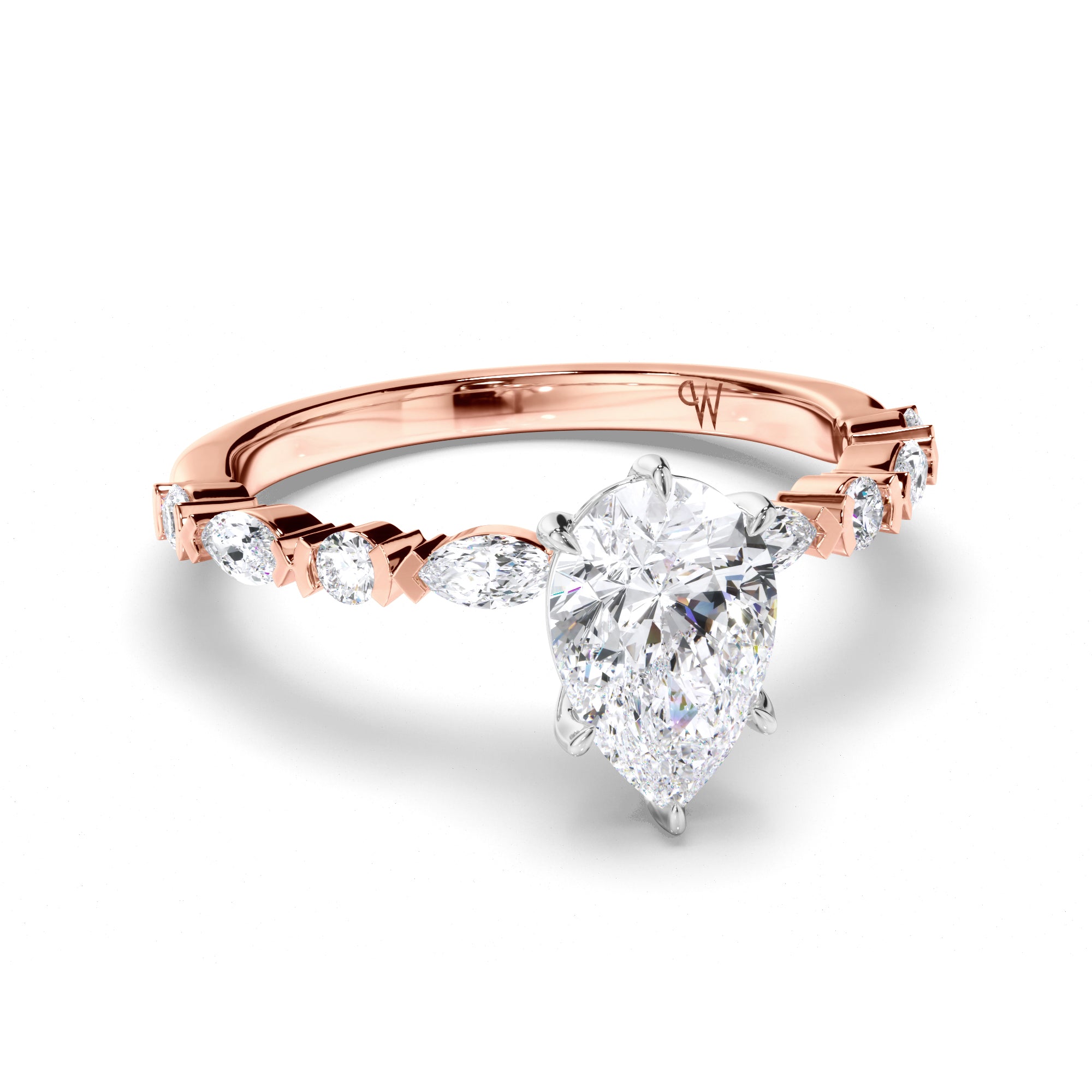 Pear Diamond Engagement Ring with Alternating Round and Marquise Band