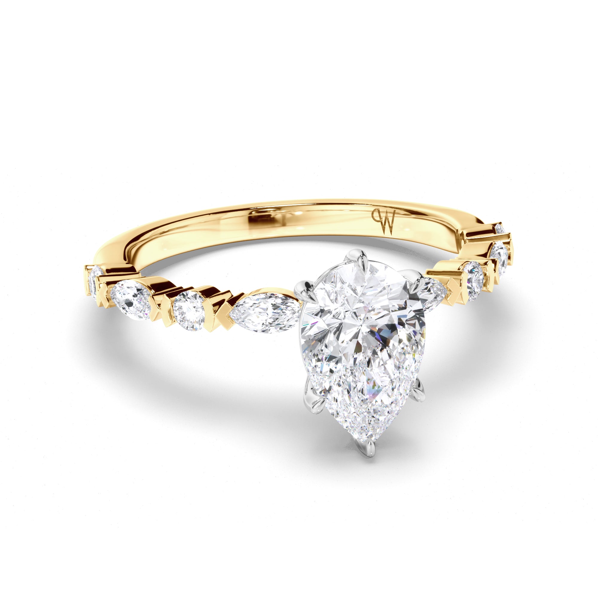 Pear Diamond Engagement Ring with Alternating Round and Marquise Band