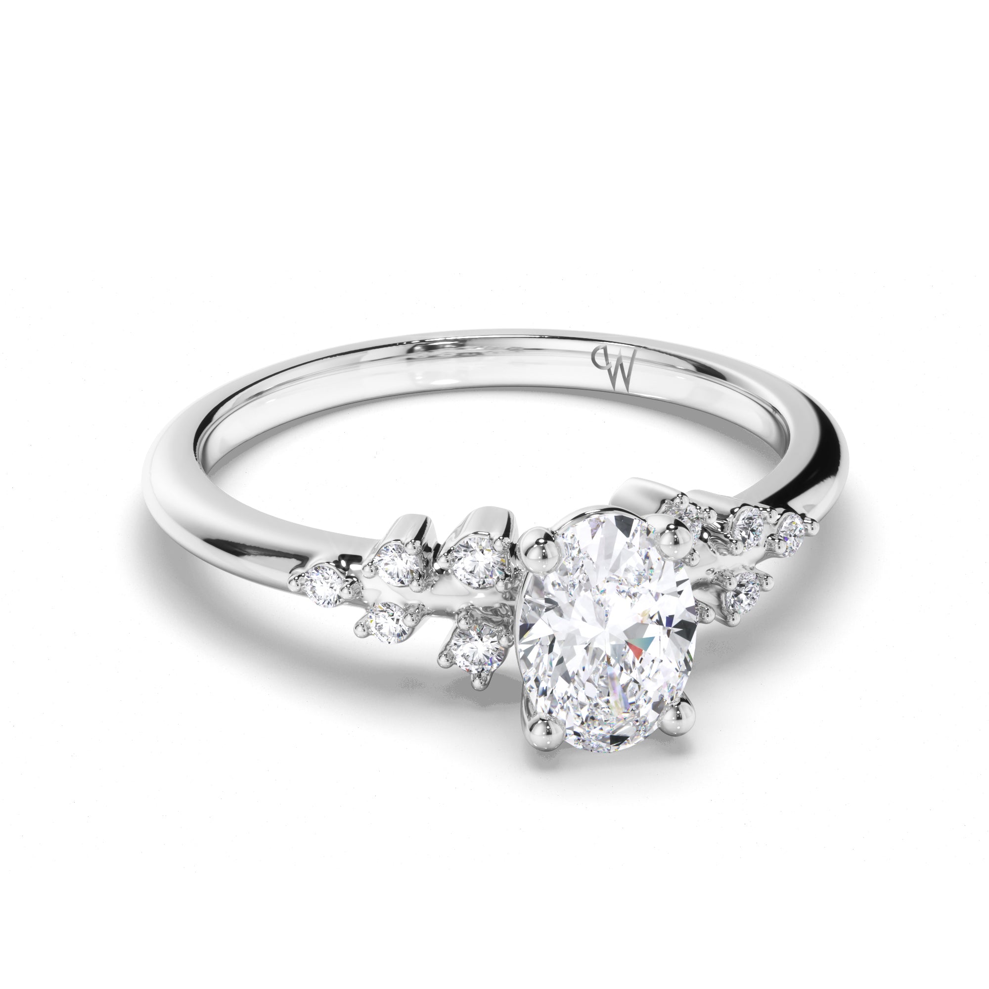 Oval Diamond Engagement Ring with Scattered Diamond Band