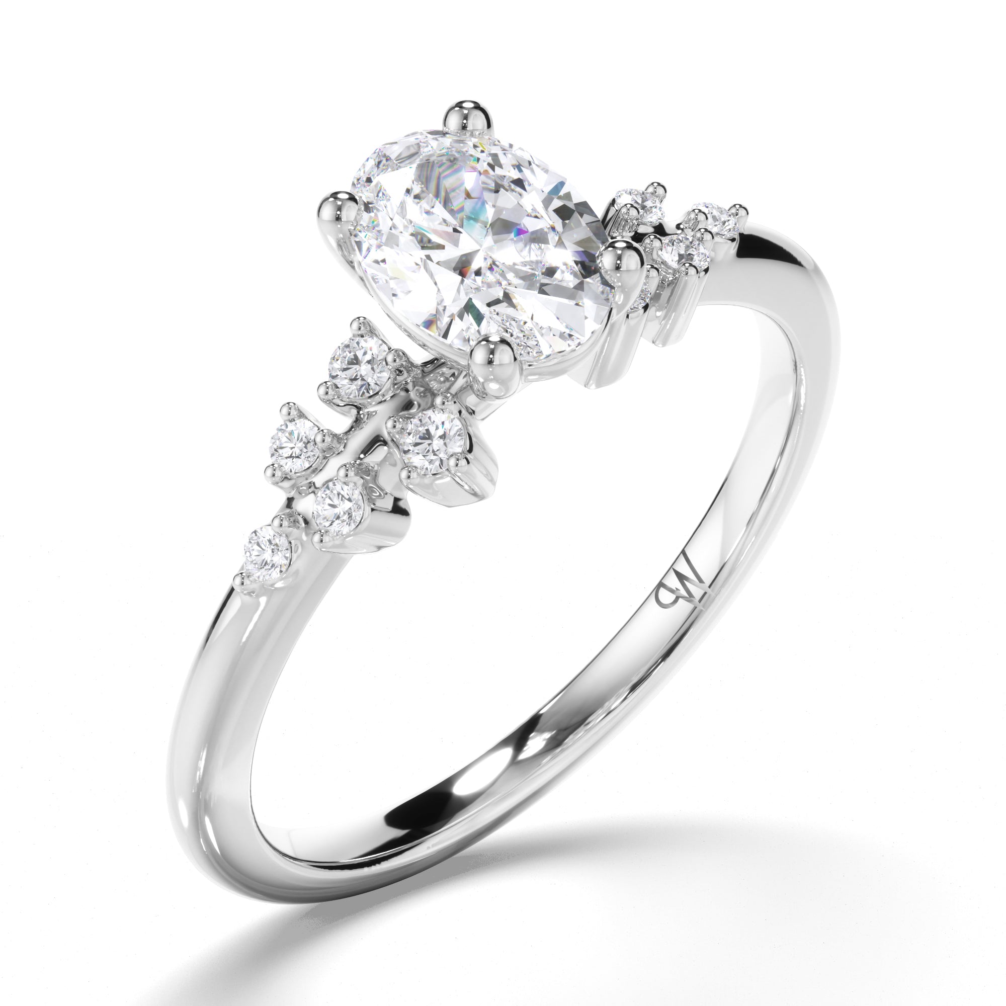 Oval Diamond Engagement Ring with Scattered Diamond Band