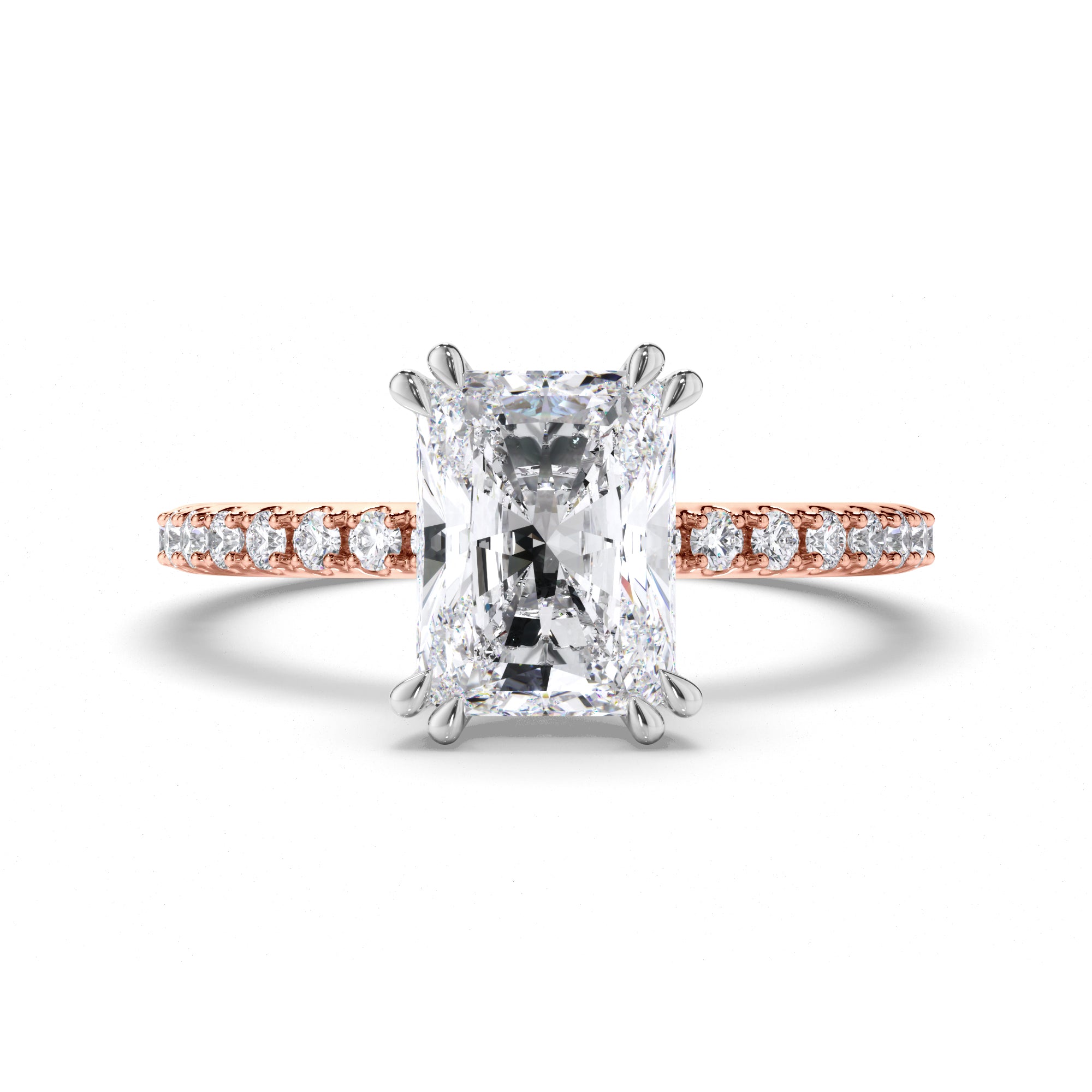 Radiant Diamond Engagement Ring with Hidden Halo and Cut Claw Band