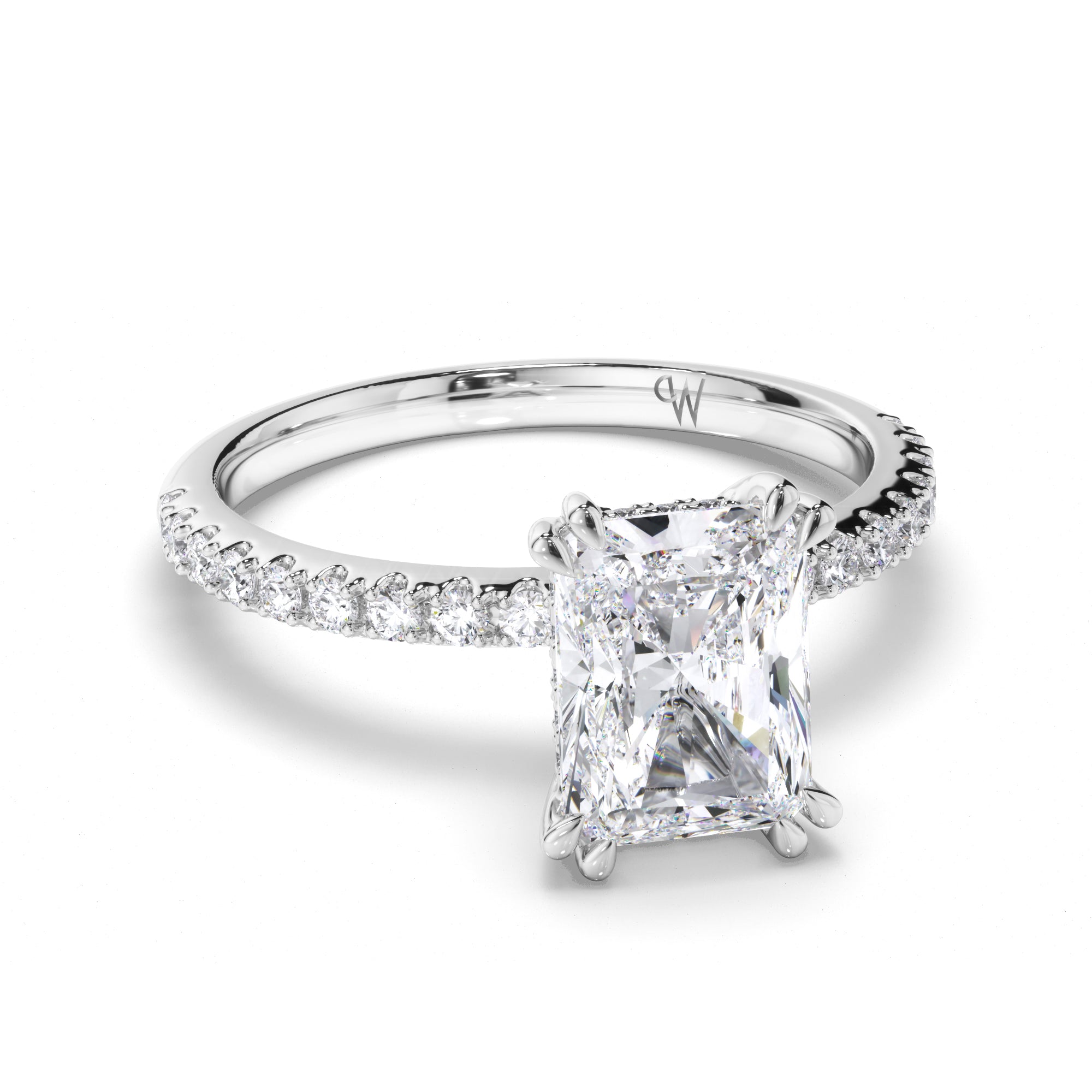 Radiant Diamond Engagement Ring with Hidden Halo and Cut Claw Band