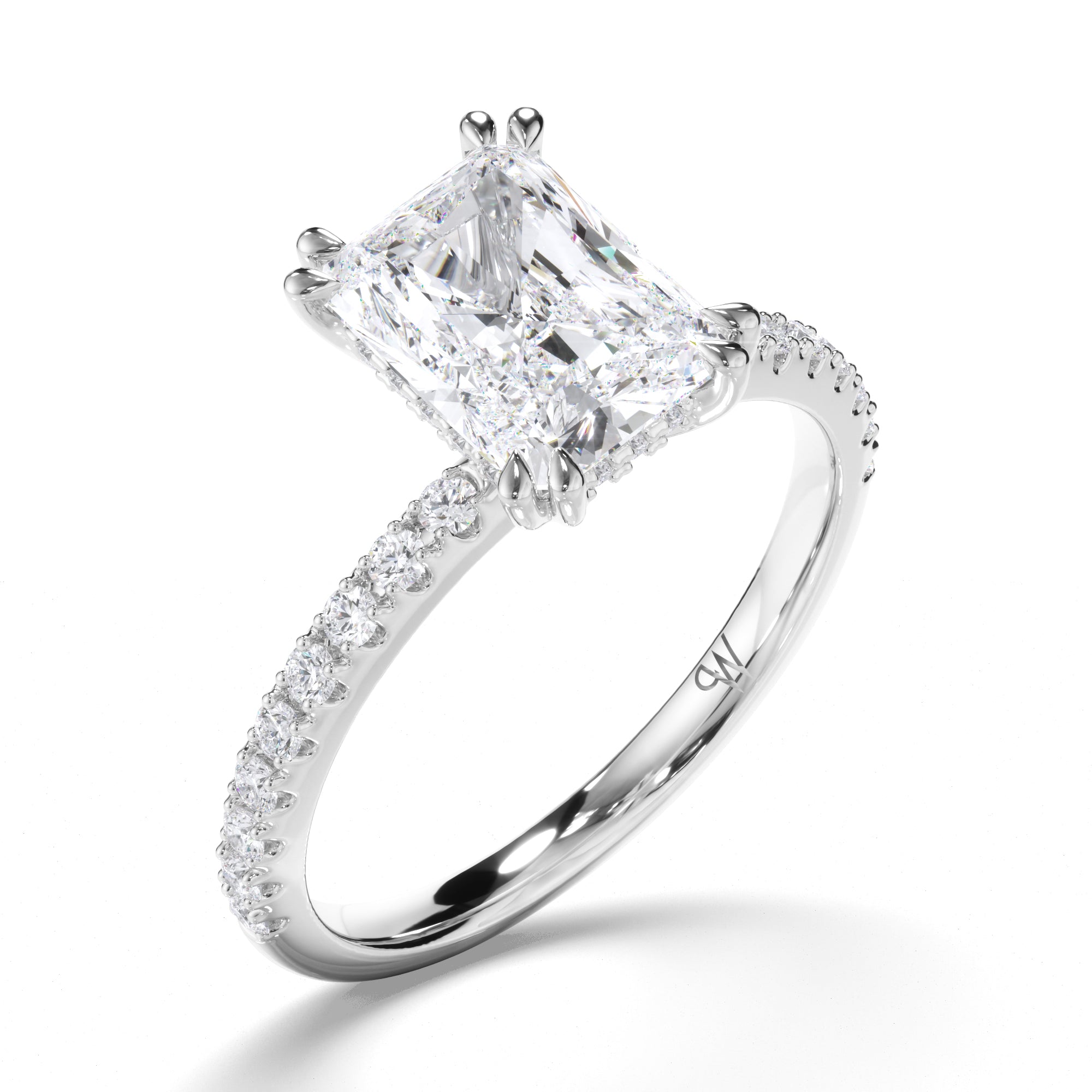 Radiant Diamond Engagement Ring with Hidden Halo and Cut Claw Band