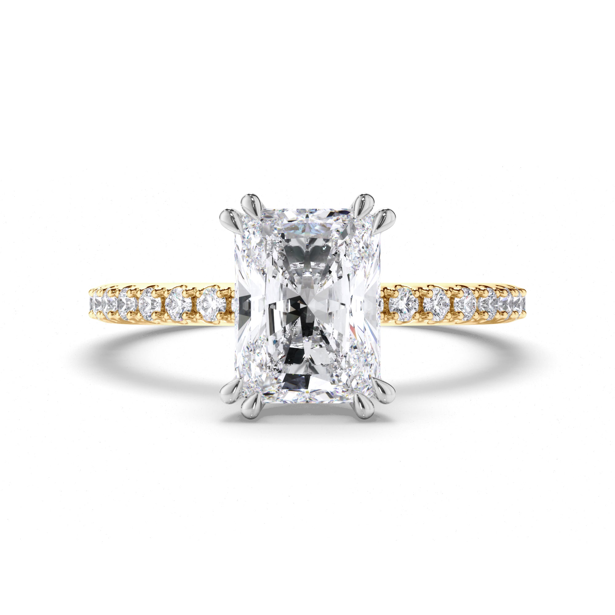 Radiant Diamond Engagement Ring with Hidden Halo and Cut Claw Band
