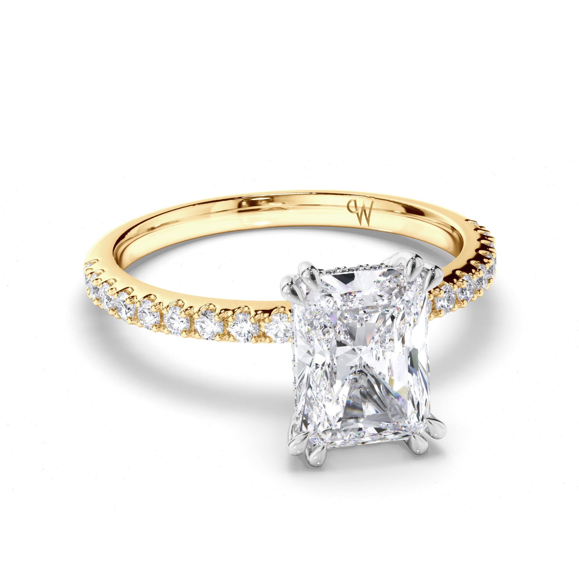 Radiant Diamond Engagement Ring with Hidden Halo and Cut Claw Band