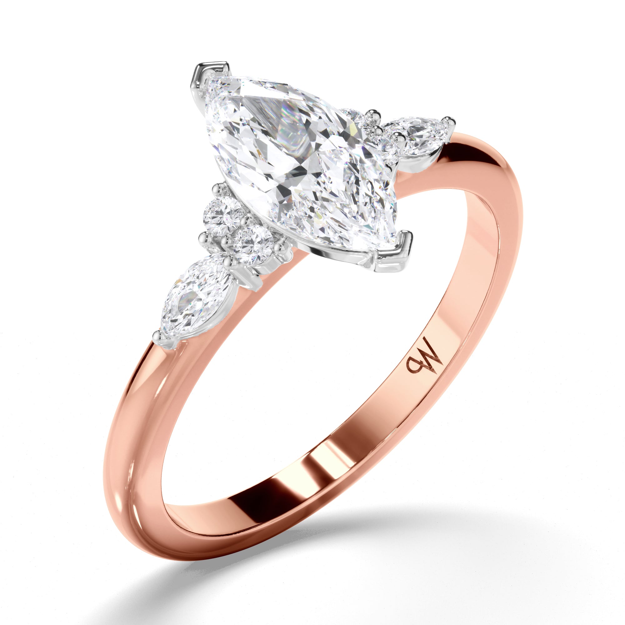 Marquise Diamond Engagement Ring with Round and Marquise Sides