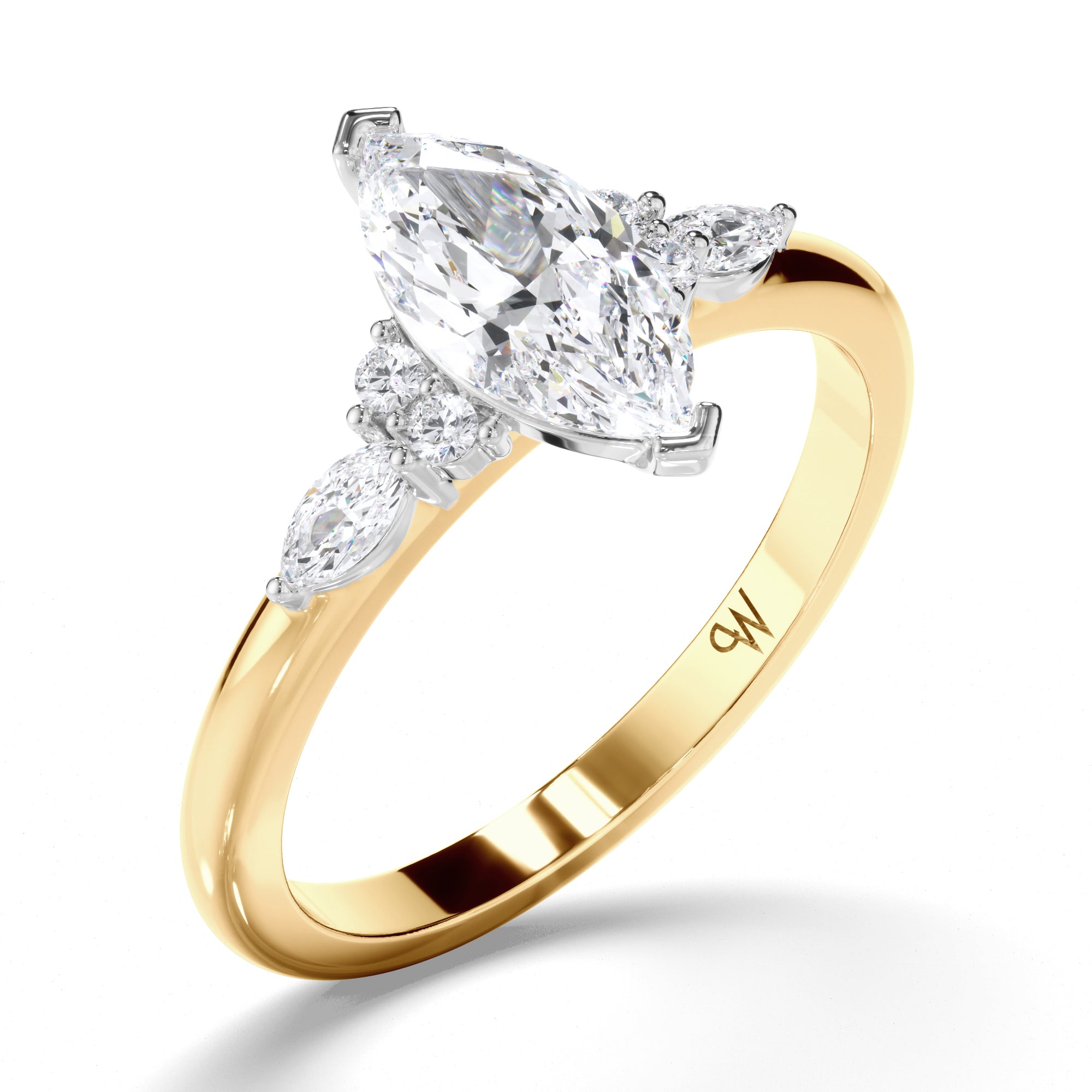 Marquise Diamond Engagement Ring with Round and Marquise Sides