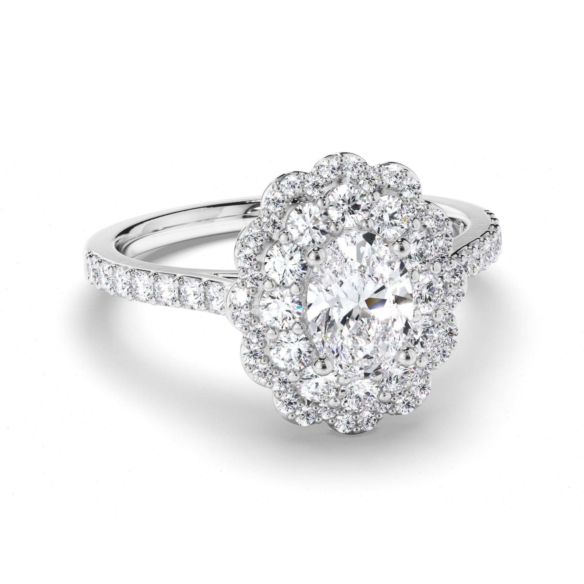 Oval Diamond Engagement Ring with Shaped Halo and Diamond Band