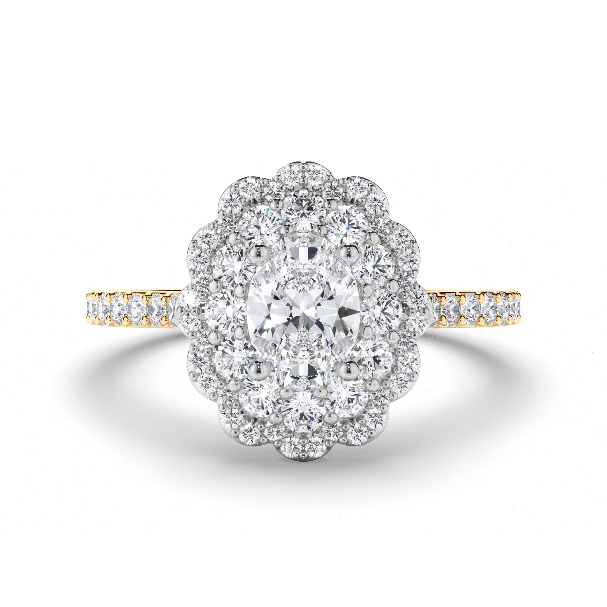 Oval Diamond Engagement Ring with Shaped Halo and Diamond Band