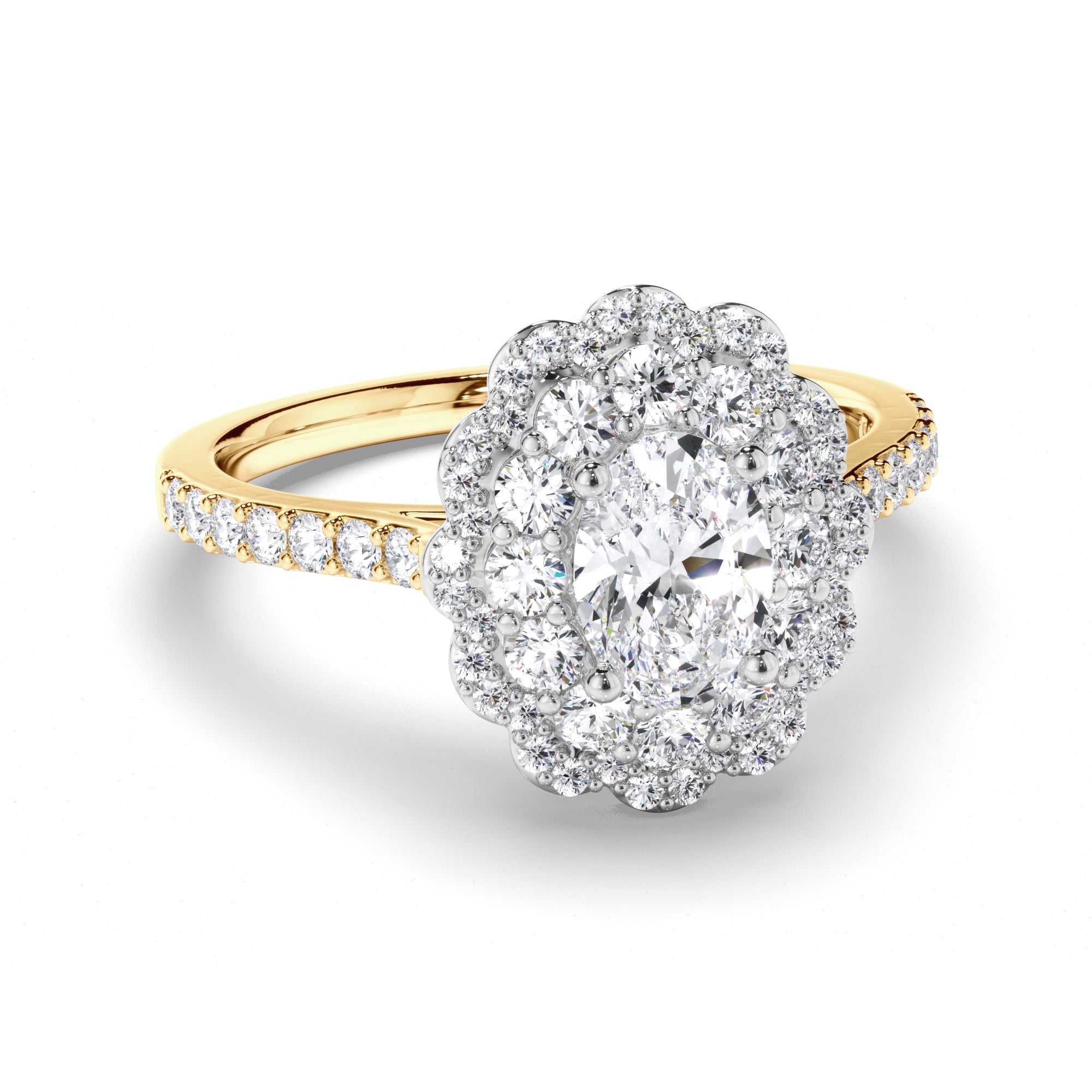 Oval Diamond Engagement Ring with Shaped Halo and Diamond Band