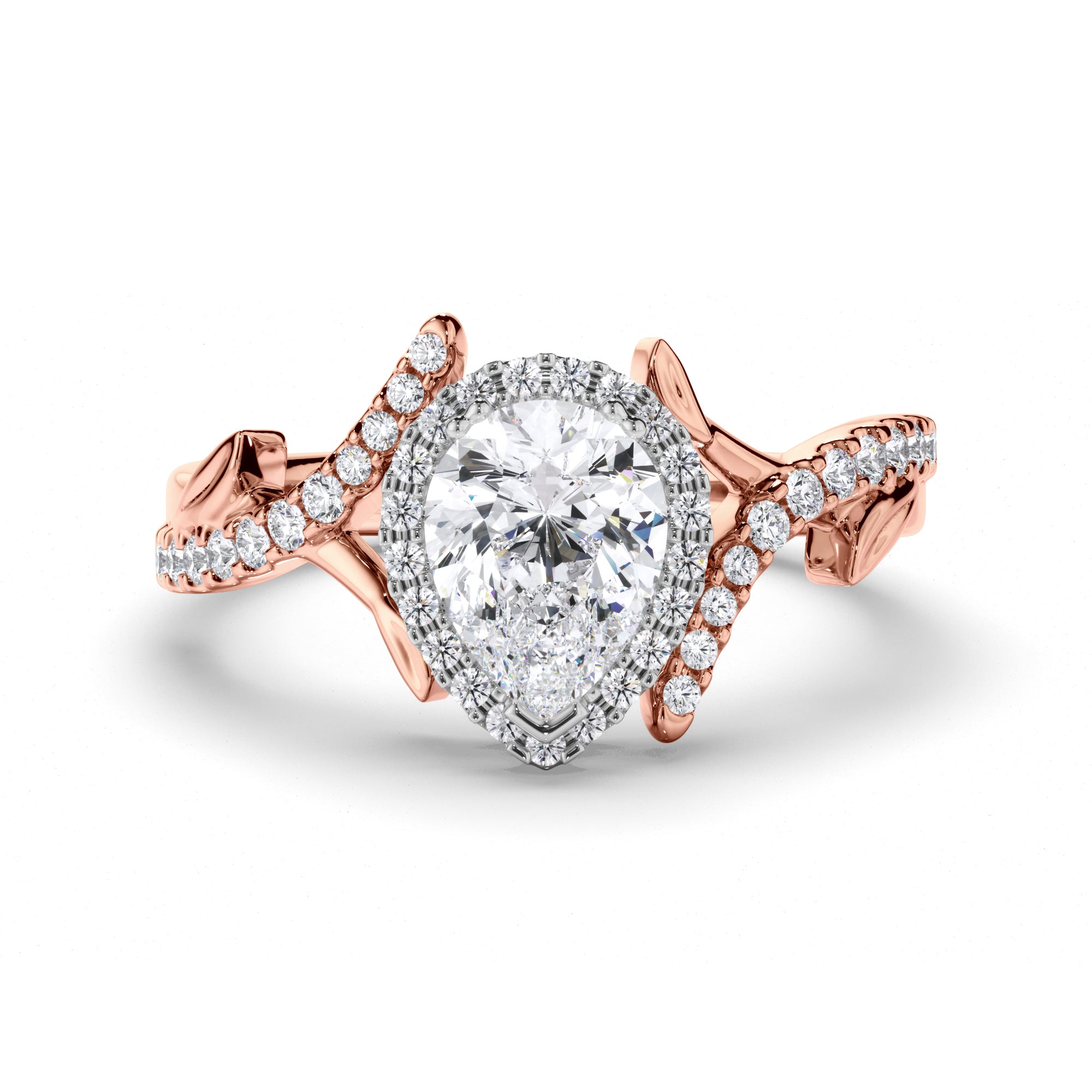 Pear Diamond Engagement Ring with Vine Details and Diamond Band