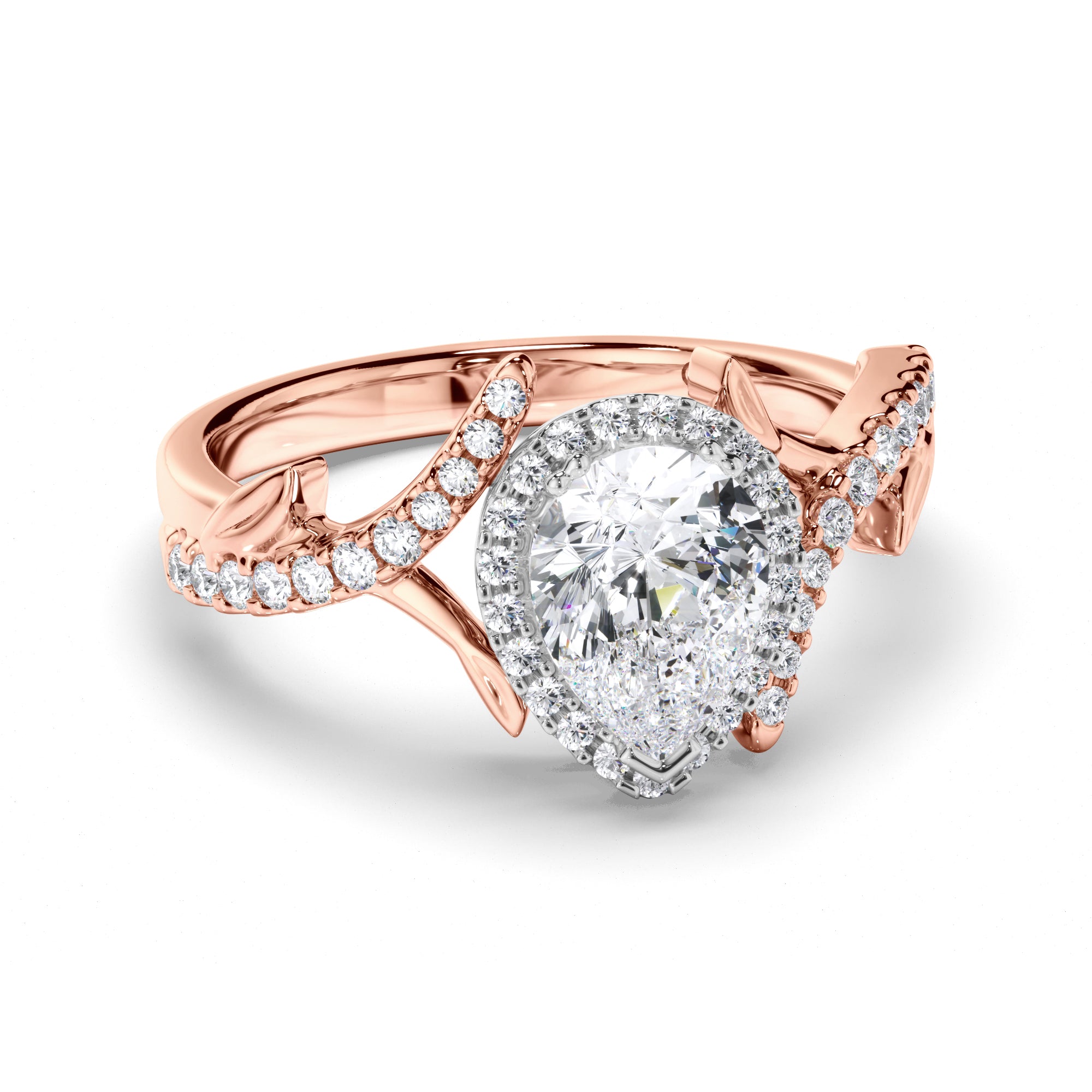 Pear Diamond Engagement Ring with Vine Details and Diamond Band