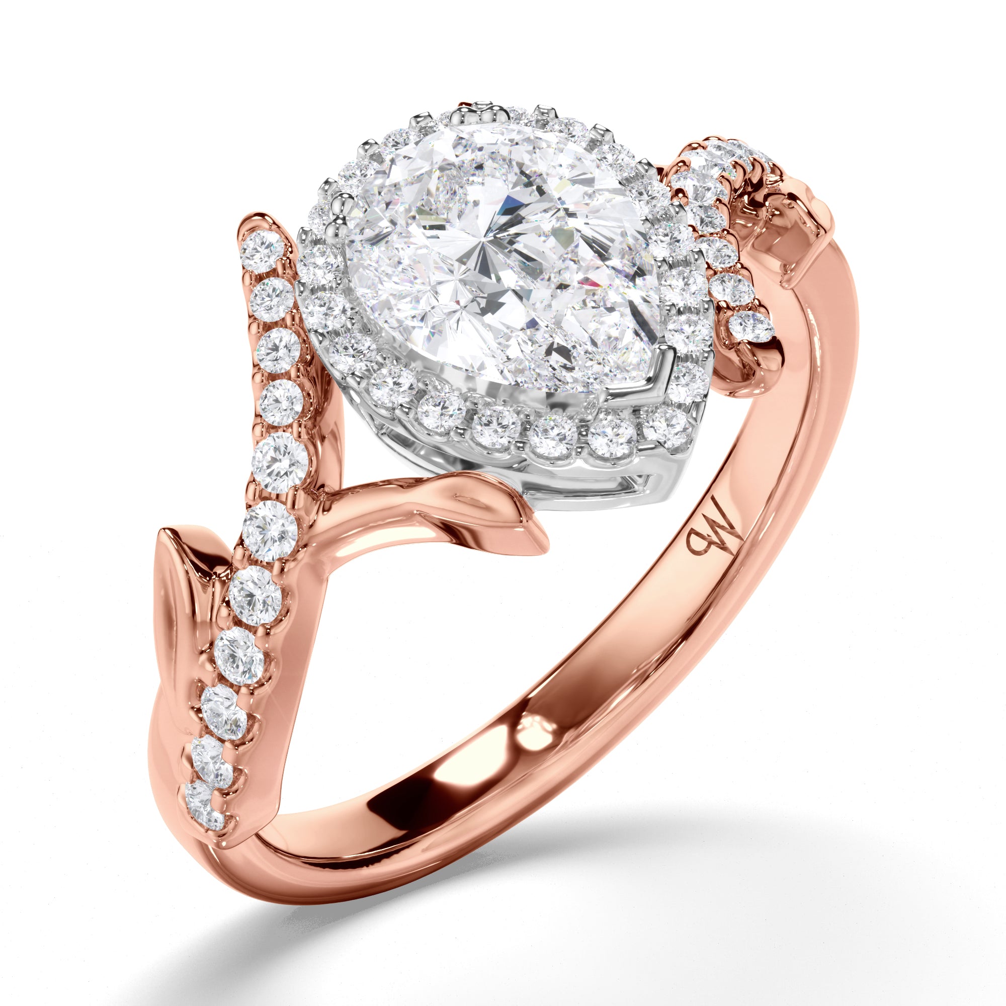 Pear Diamond Engagement Ring with Vine Details and Diamond Band