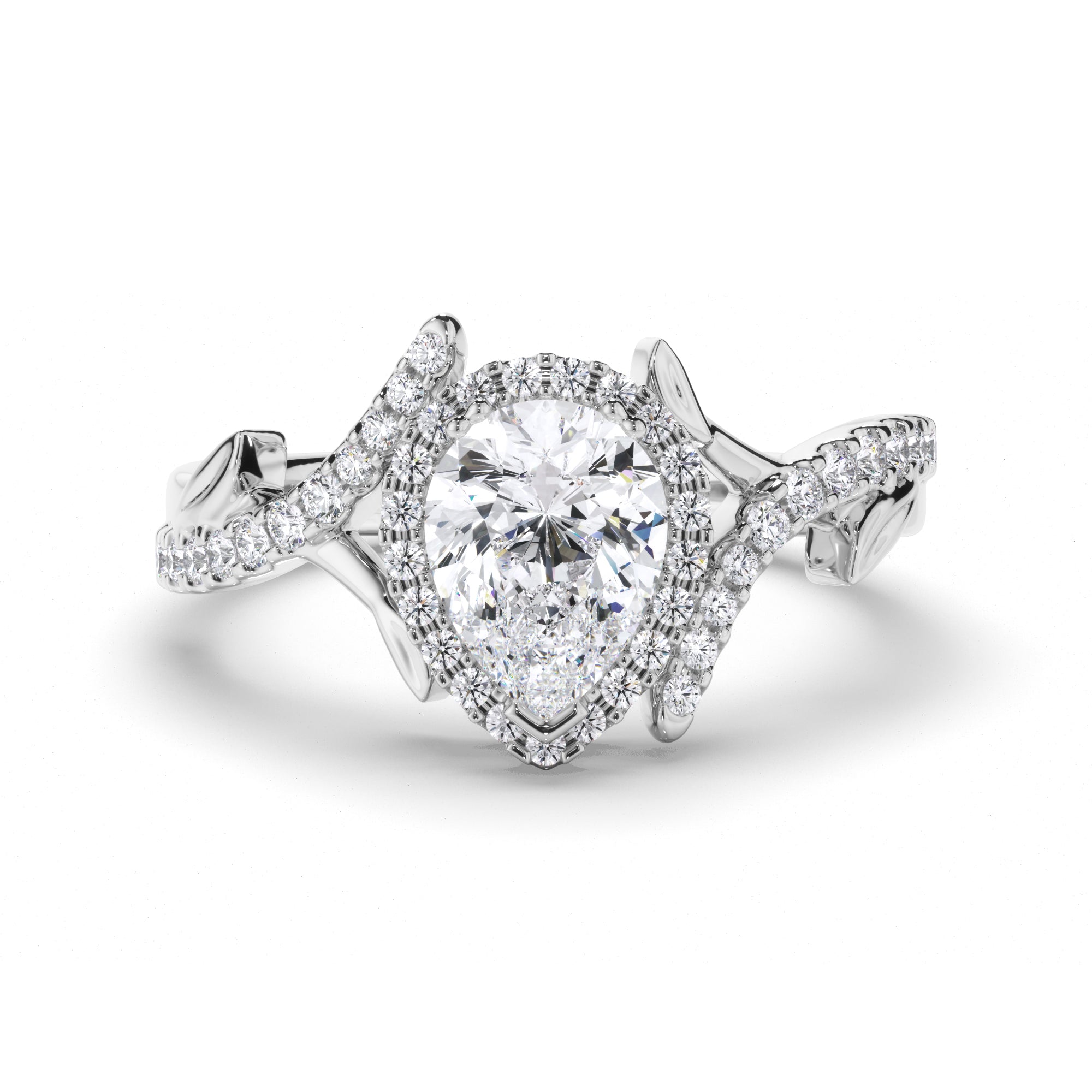 Pear Diamond Engagement Ring with Vine Details and Diamond Band