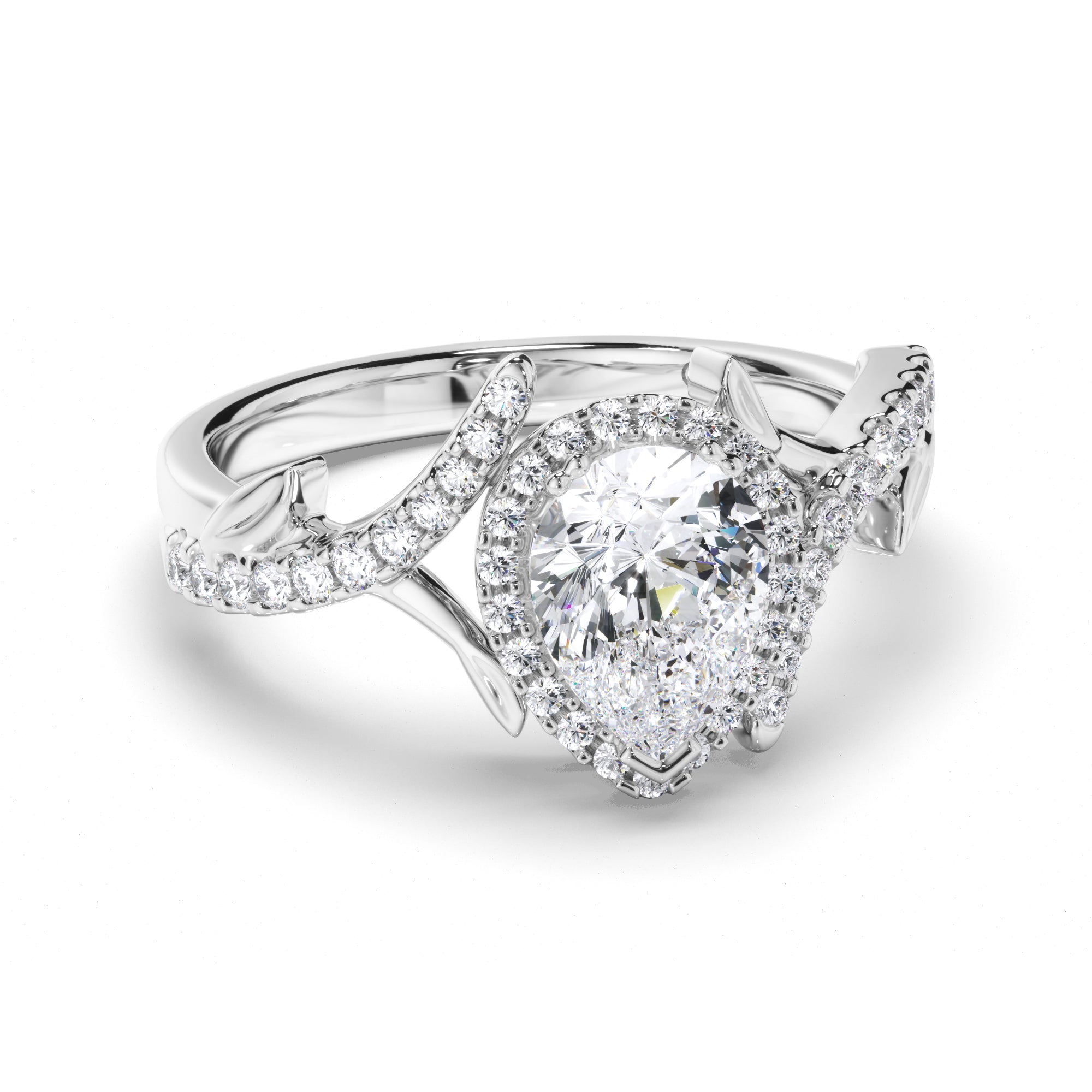 Pear Diamond Engagement Ring with Vine Details and Diamond Band
