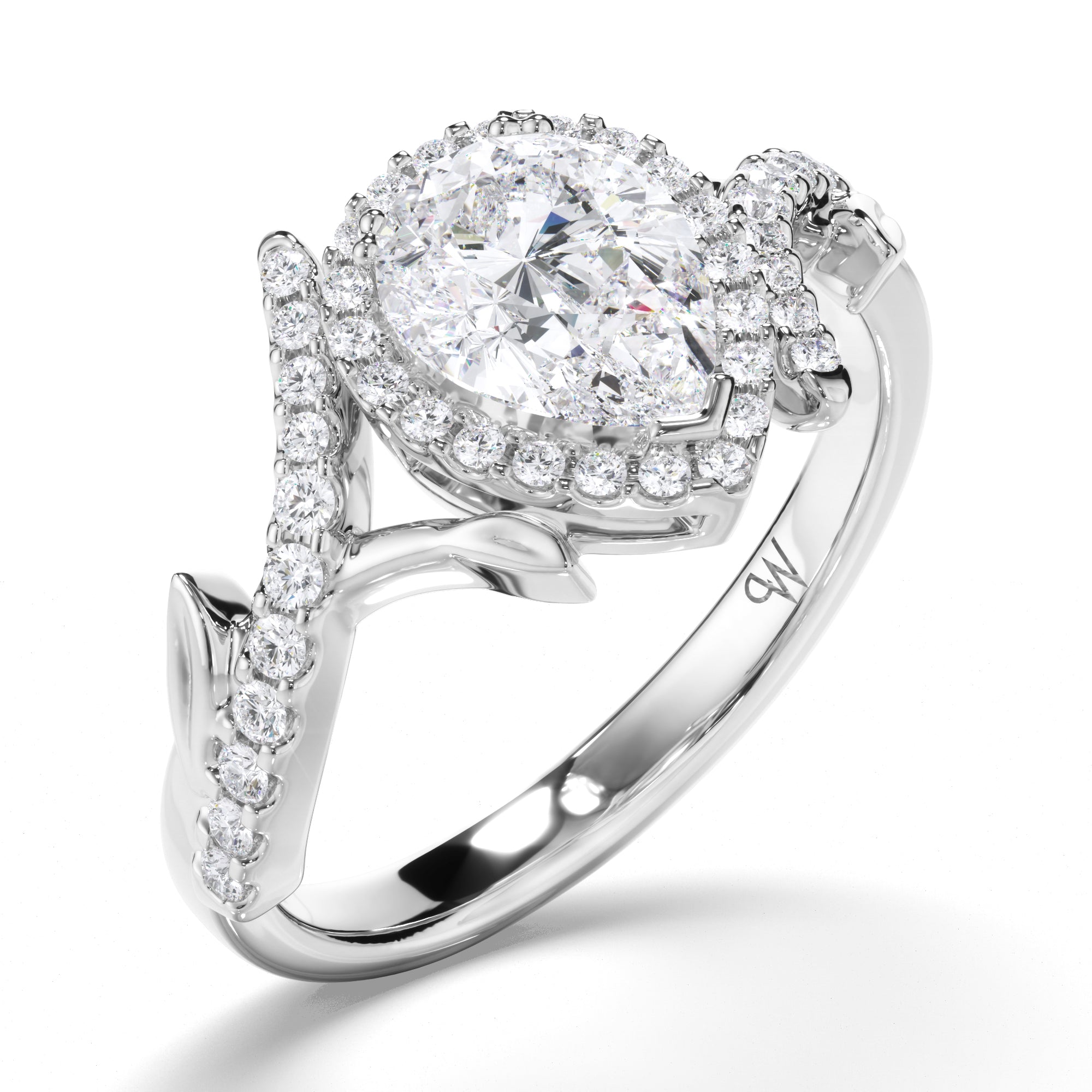 Pear Diamond Engagement Ring with Vine Details and Diamond Band