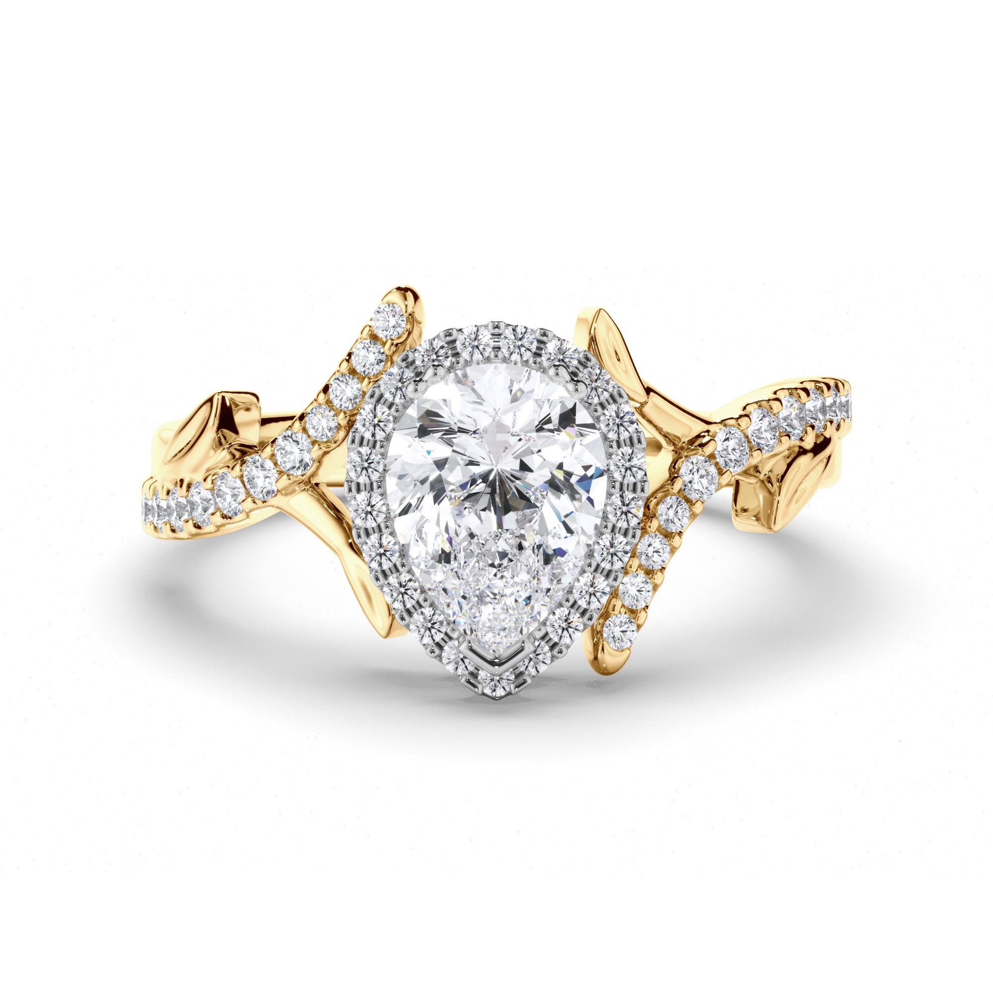 Pear Diamond Engagement Ring with Vine Details and Diamond Band