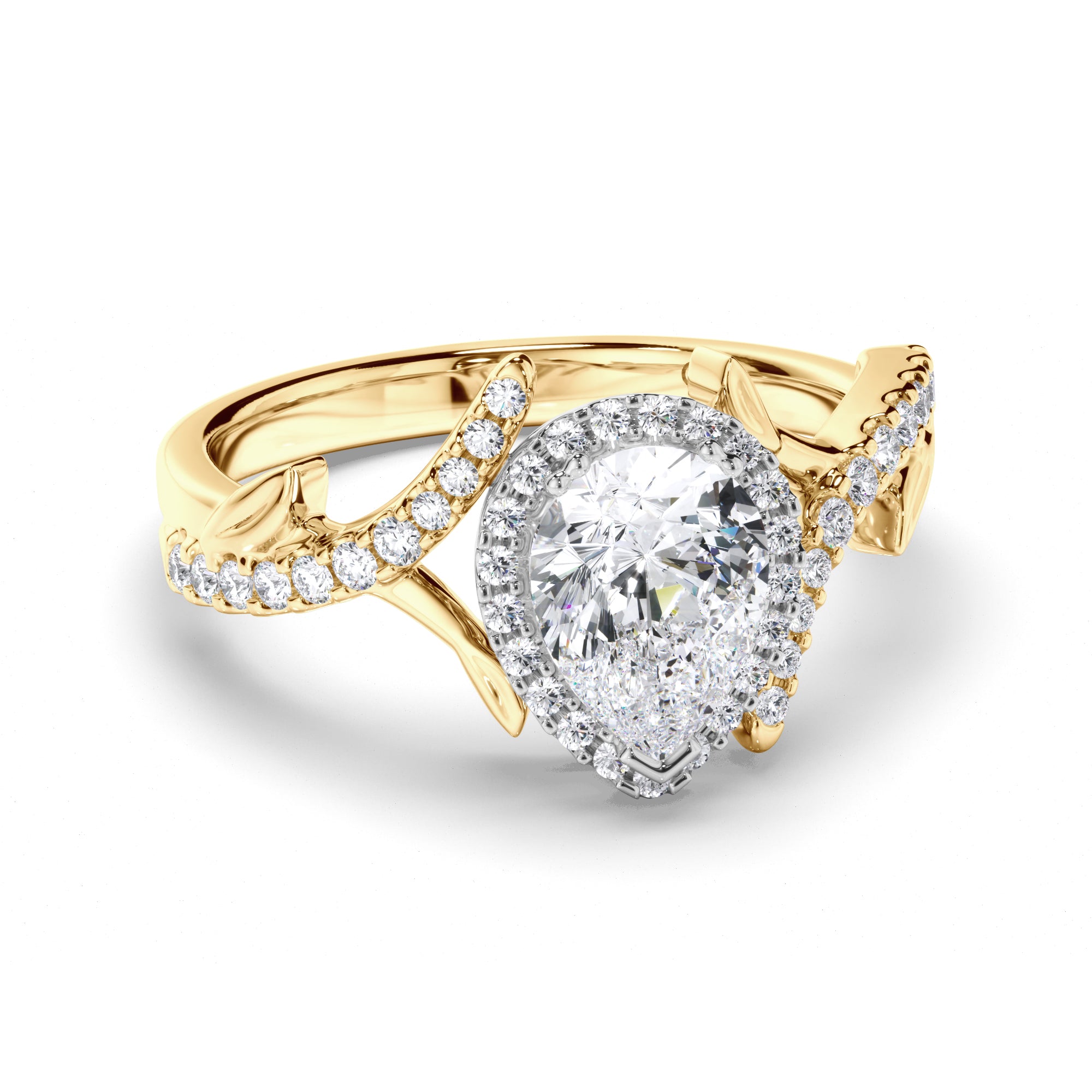 Pear Diamond Engagement Ring with Vine Details and Diamond Band
