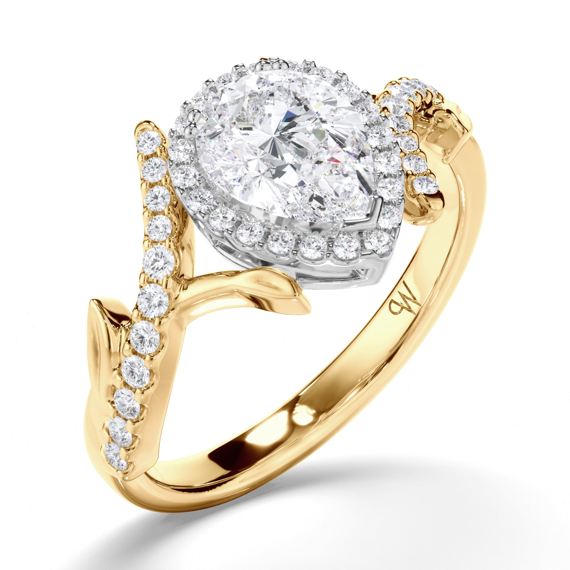 Pear Diamond Engagement Ring with Vine Details and Diamond Band