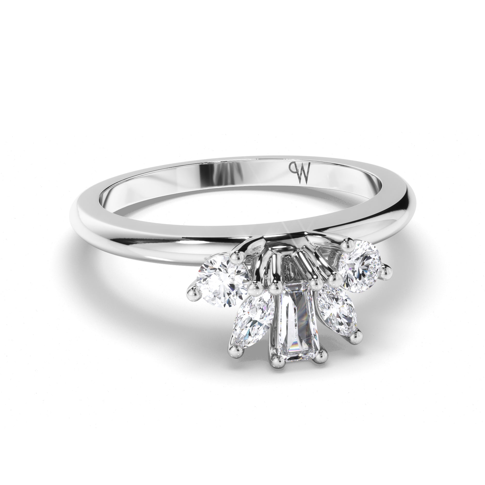 Curved Round, Baguette, and Round Brilliant Diamond Wedding Ring