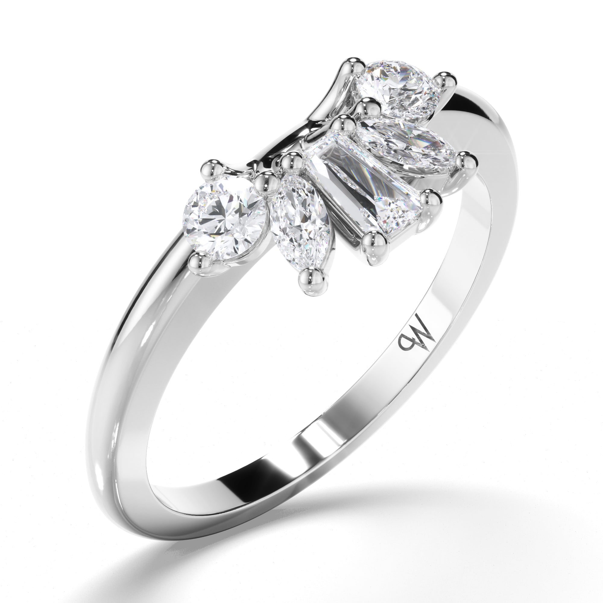 Curved Round, Baguette, and Round Brilliant Diamond Wedding Ring