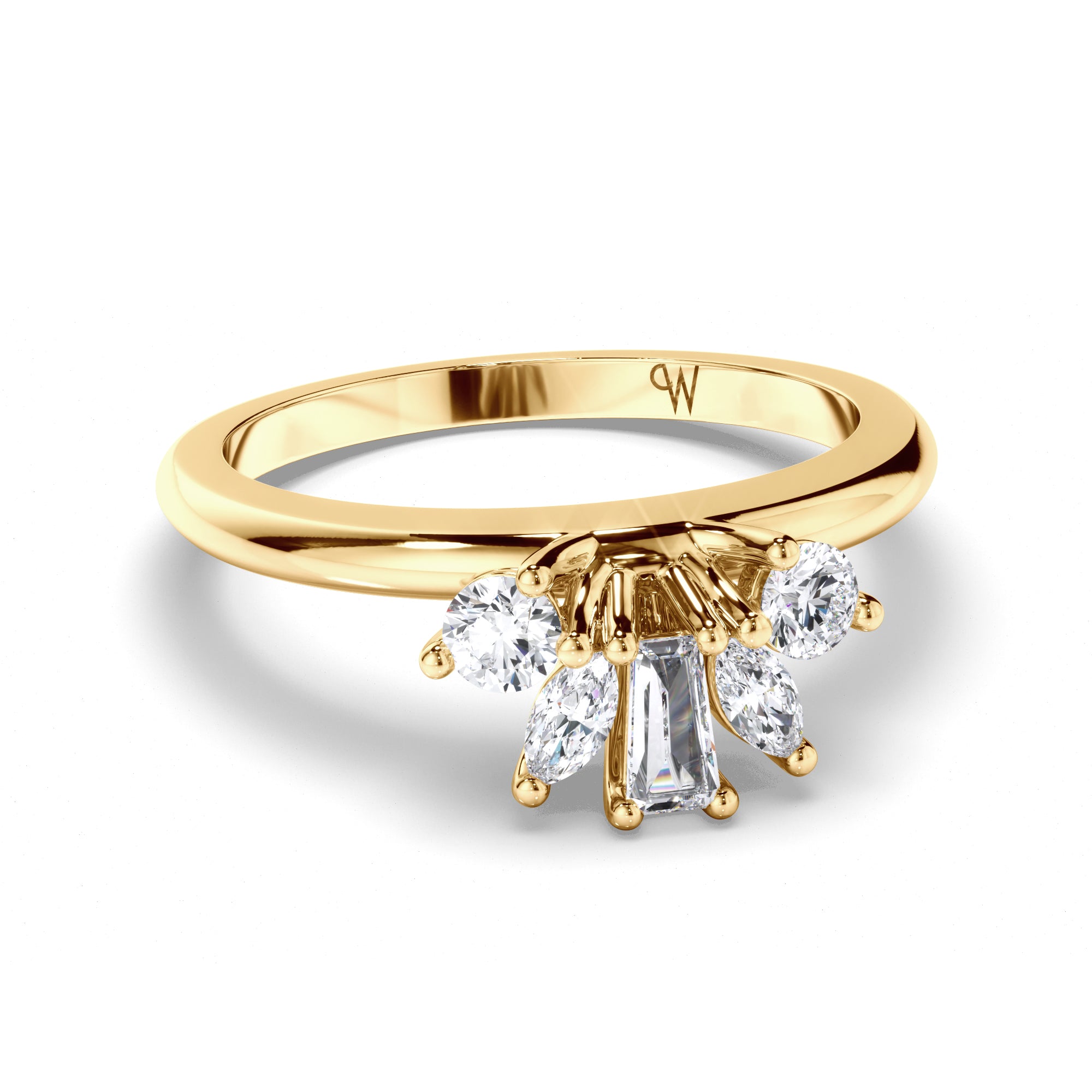 Curved Round, Baguette, and Round Brilliant Diamond Wedding Ring