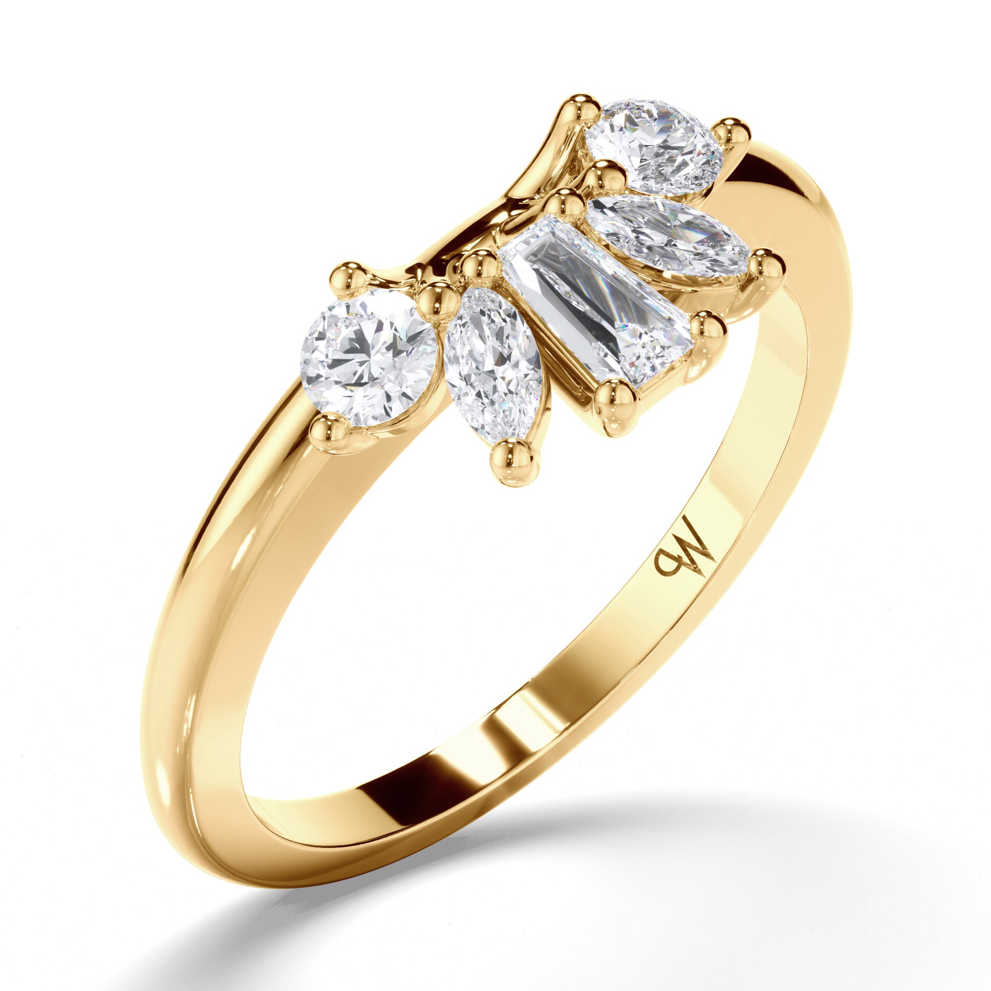 Curved Round, Baguette, and Round Brilliant Diamond Wedding Ring