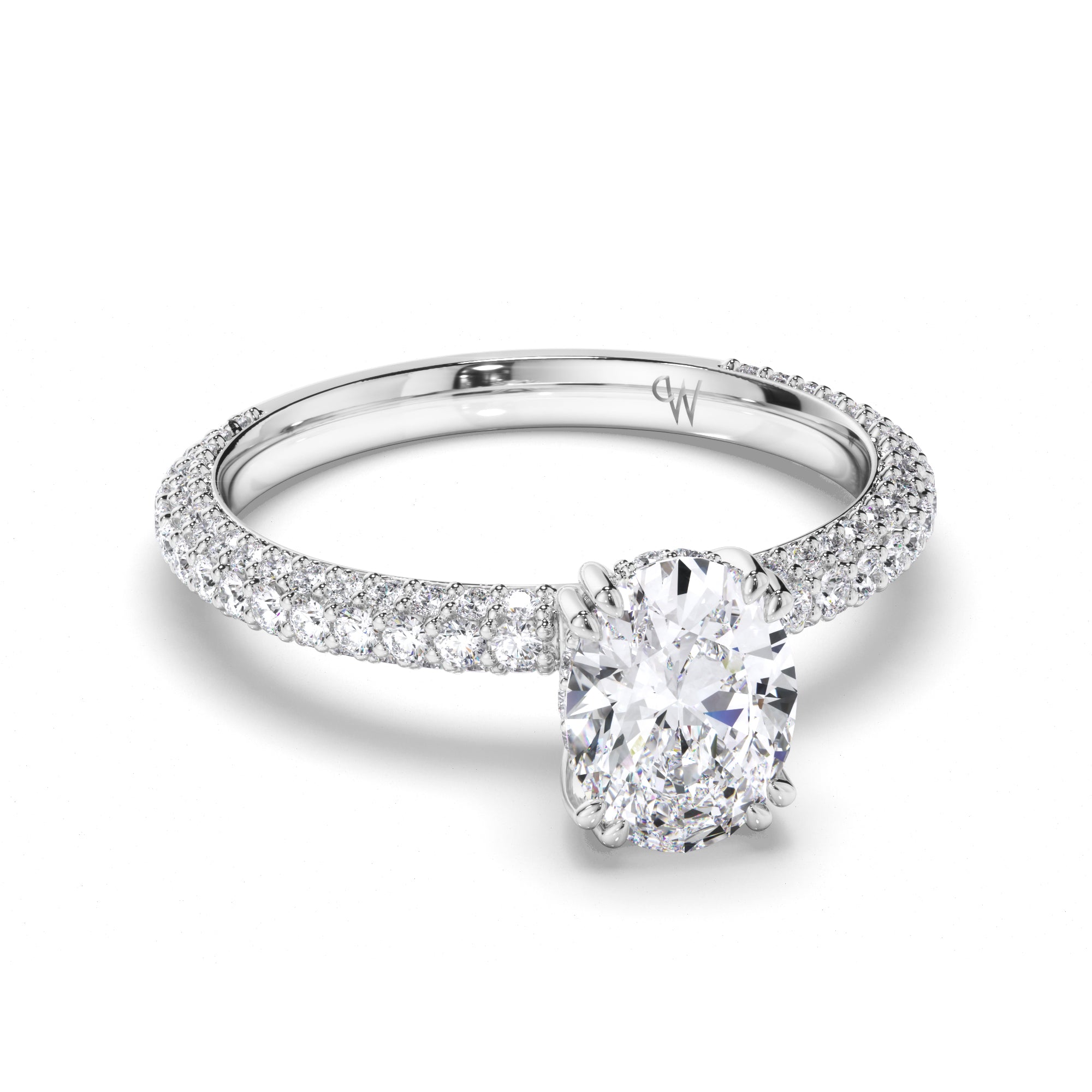Oval Diamond Engagement Ring with Hidden Halo and Pave Band