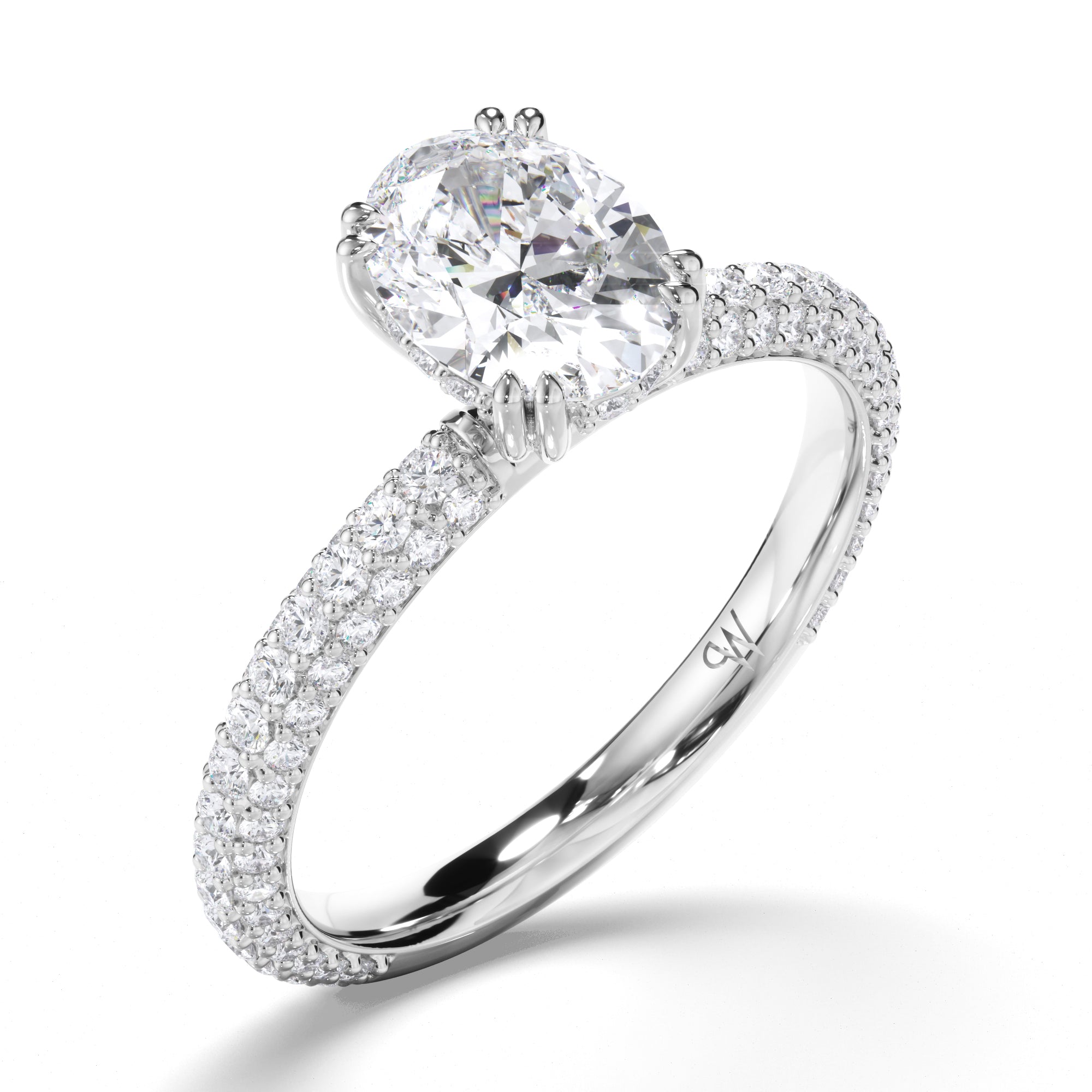Oval Diamond Engagement Ring with Hidden Halo and Pave Band