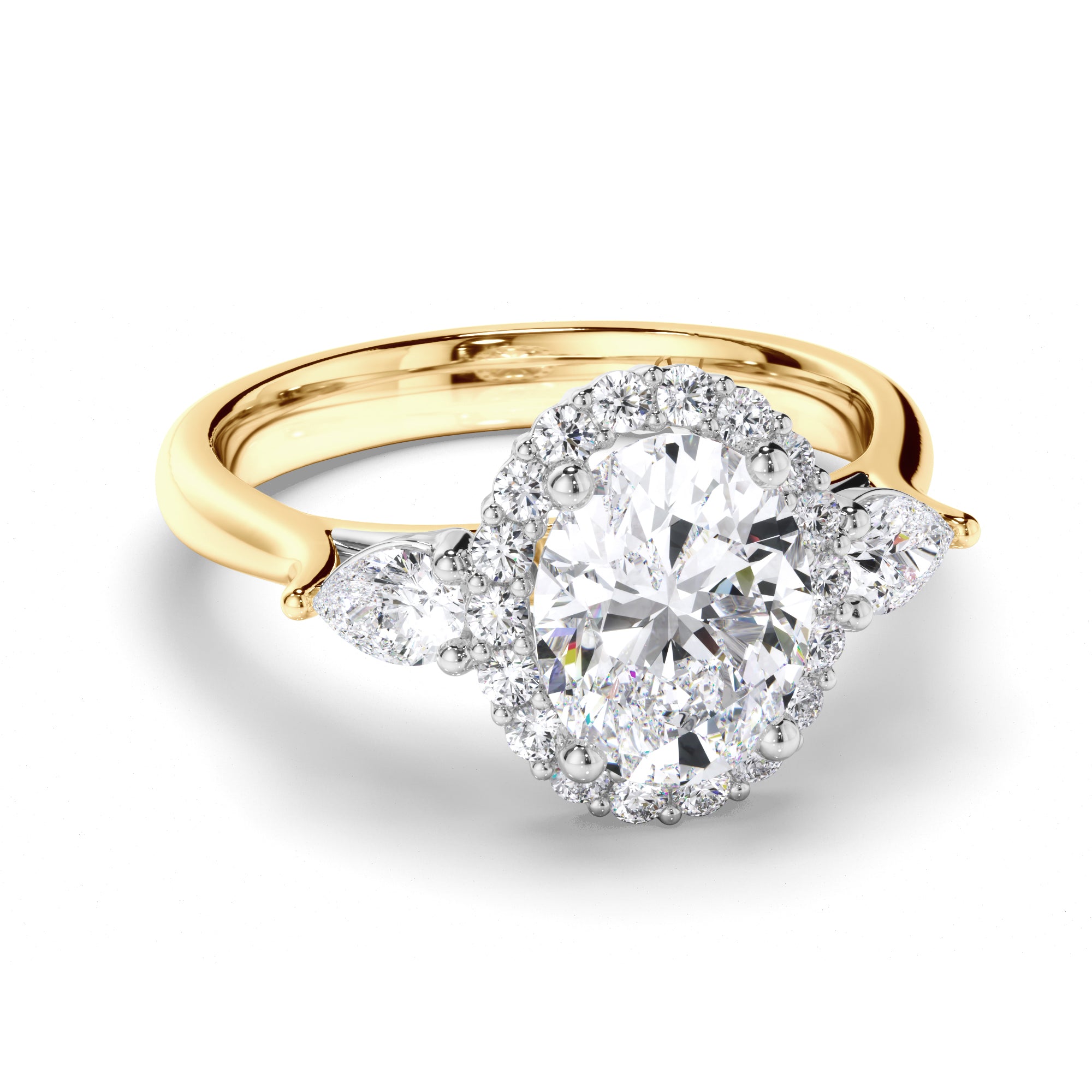 Oval Diamond Engagement Ring with Halo and Pear Sides